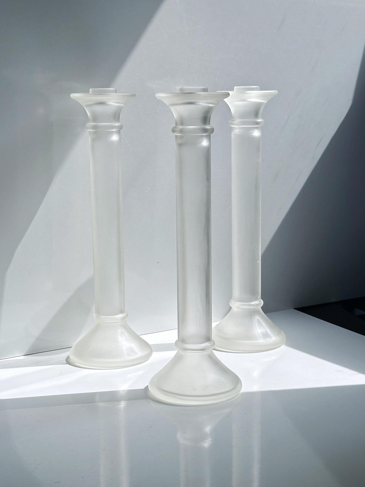 3 Vintage Glas Kerzenhalter in Säulenform, mattiert, 1980er 4