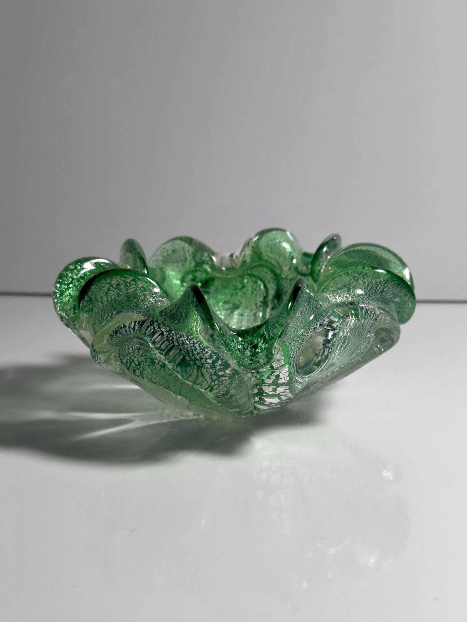 Vintage Murano Glasschale in Mintgrün mit Silberdekor 2