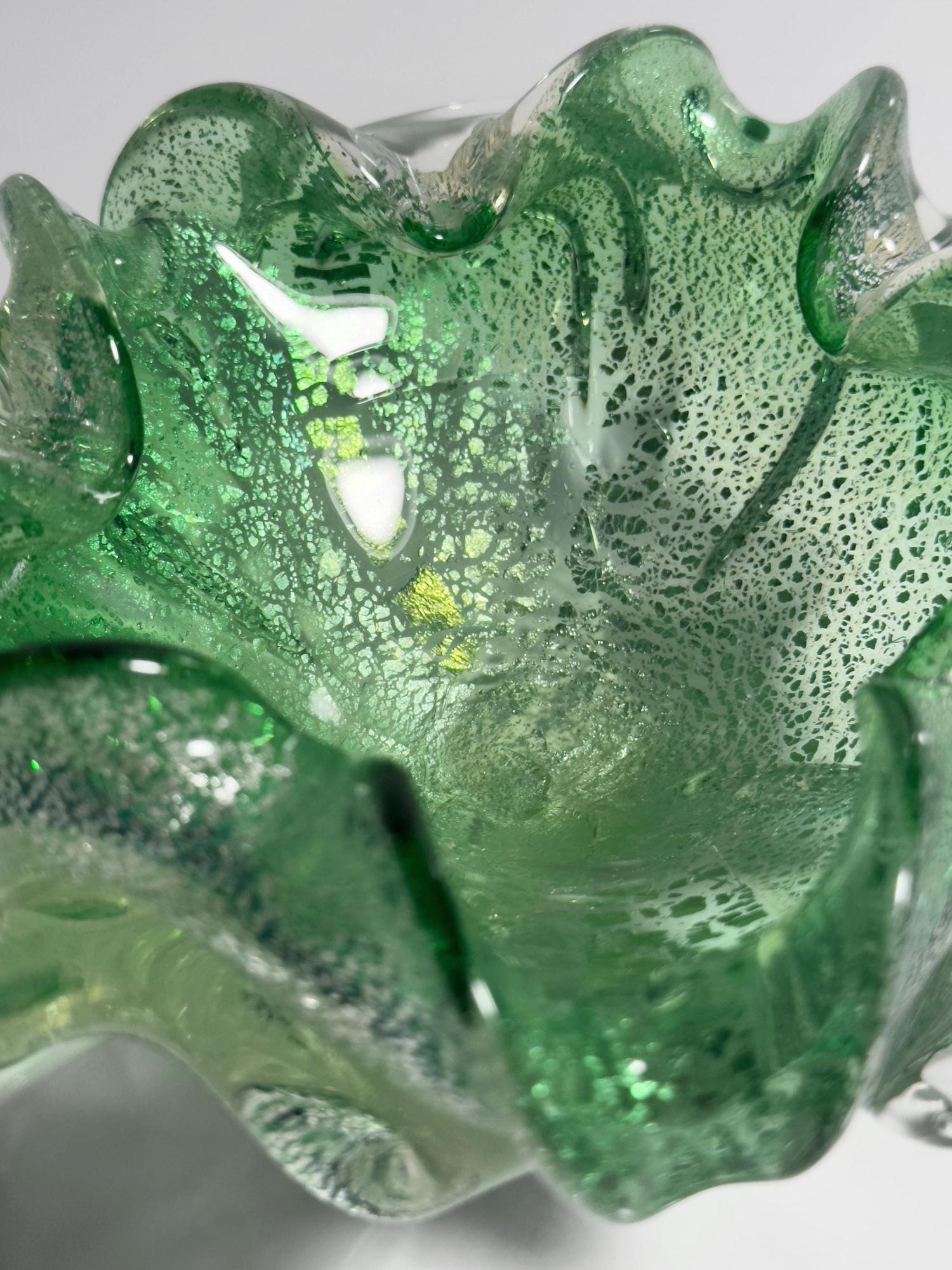 Vintage Murano Glasschale in Mintgrün mit Silberdekor 4