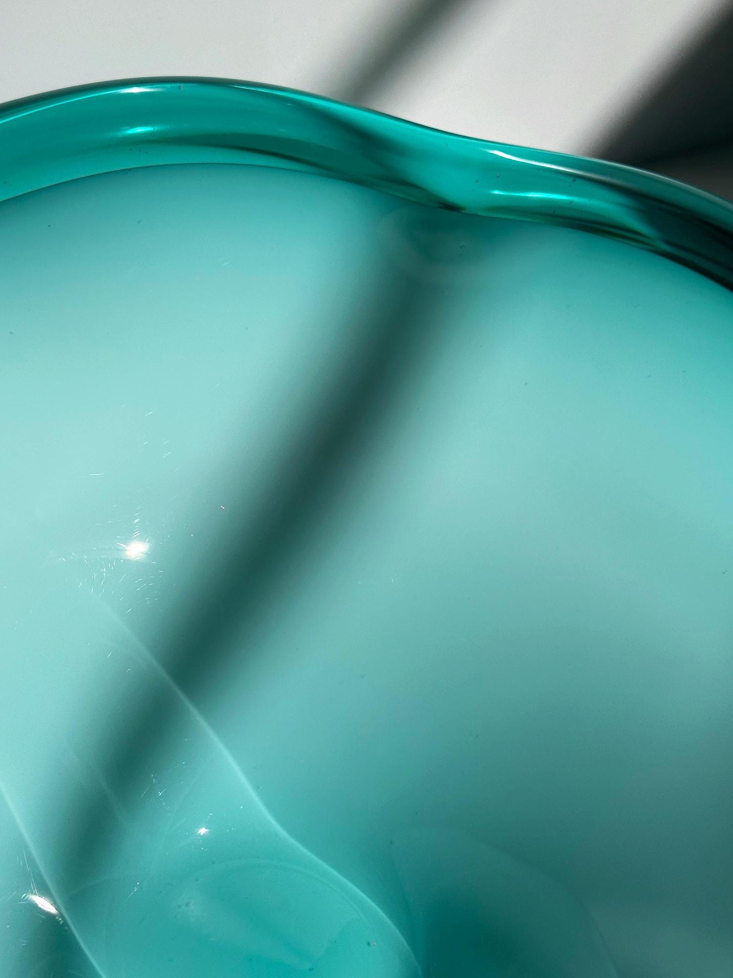 Große Vintage Murano Glasschale in Türkis & Weiß 3