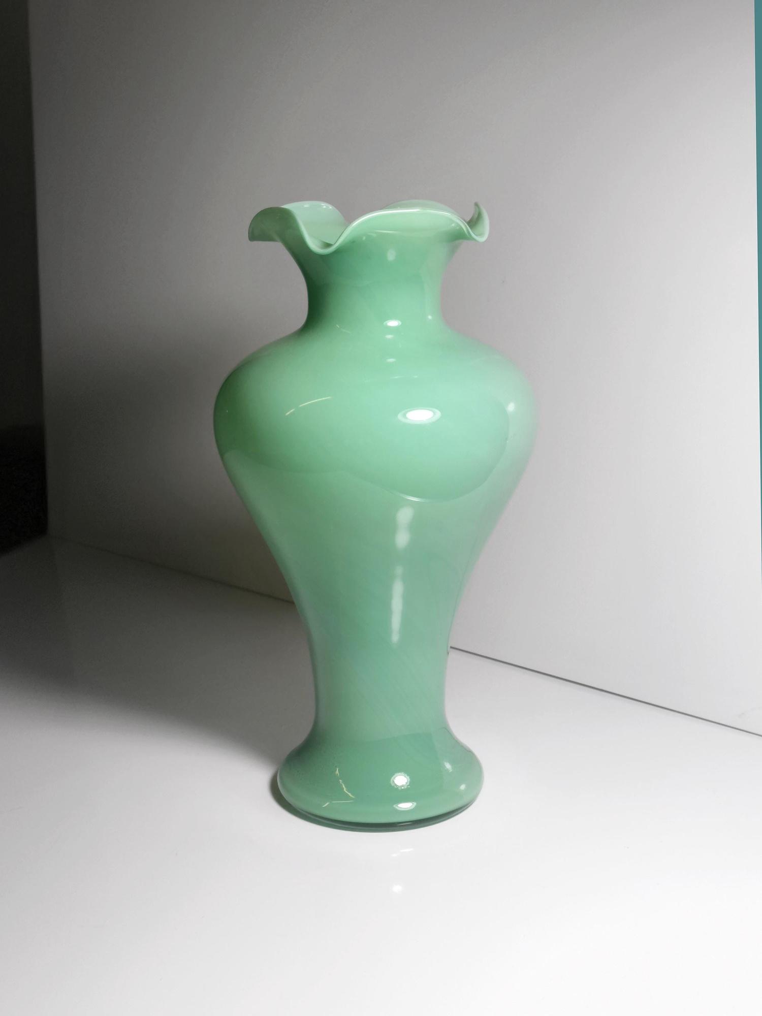 Vintage Murano Opalglas Vase in Jadegrün, Italien 1950er 2