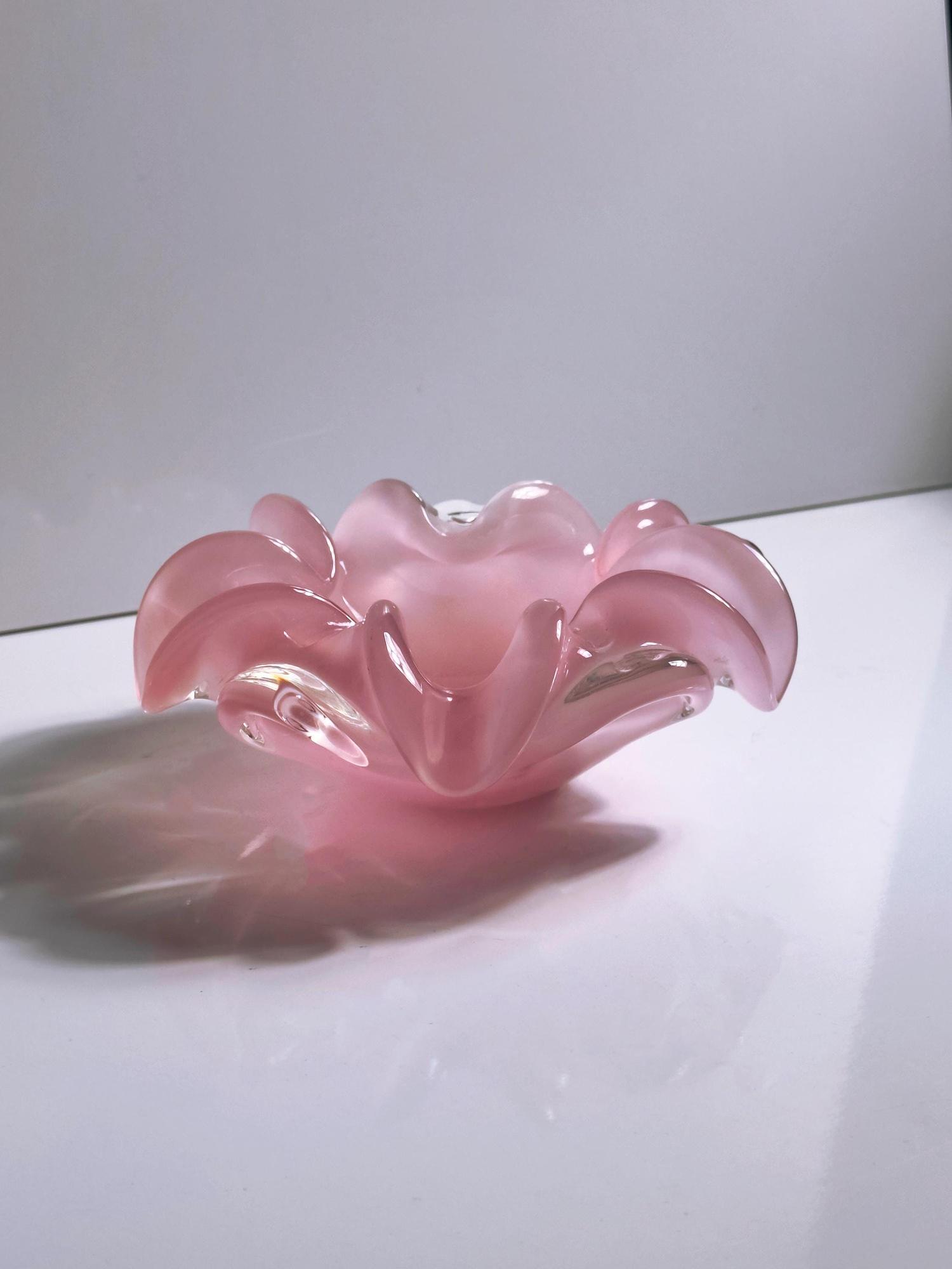 Vintage Murano Glasschale / Aschenbecher in Rosa und Weiß 1