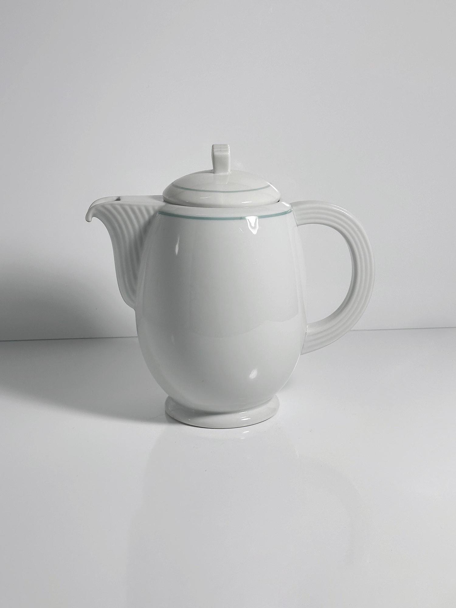 Vintage Art Deco Revival Teekanne in Weiß und Mintgrün 0