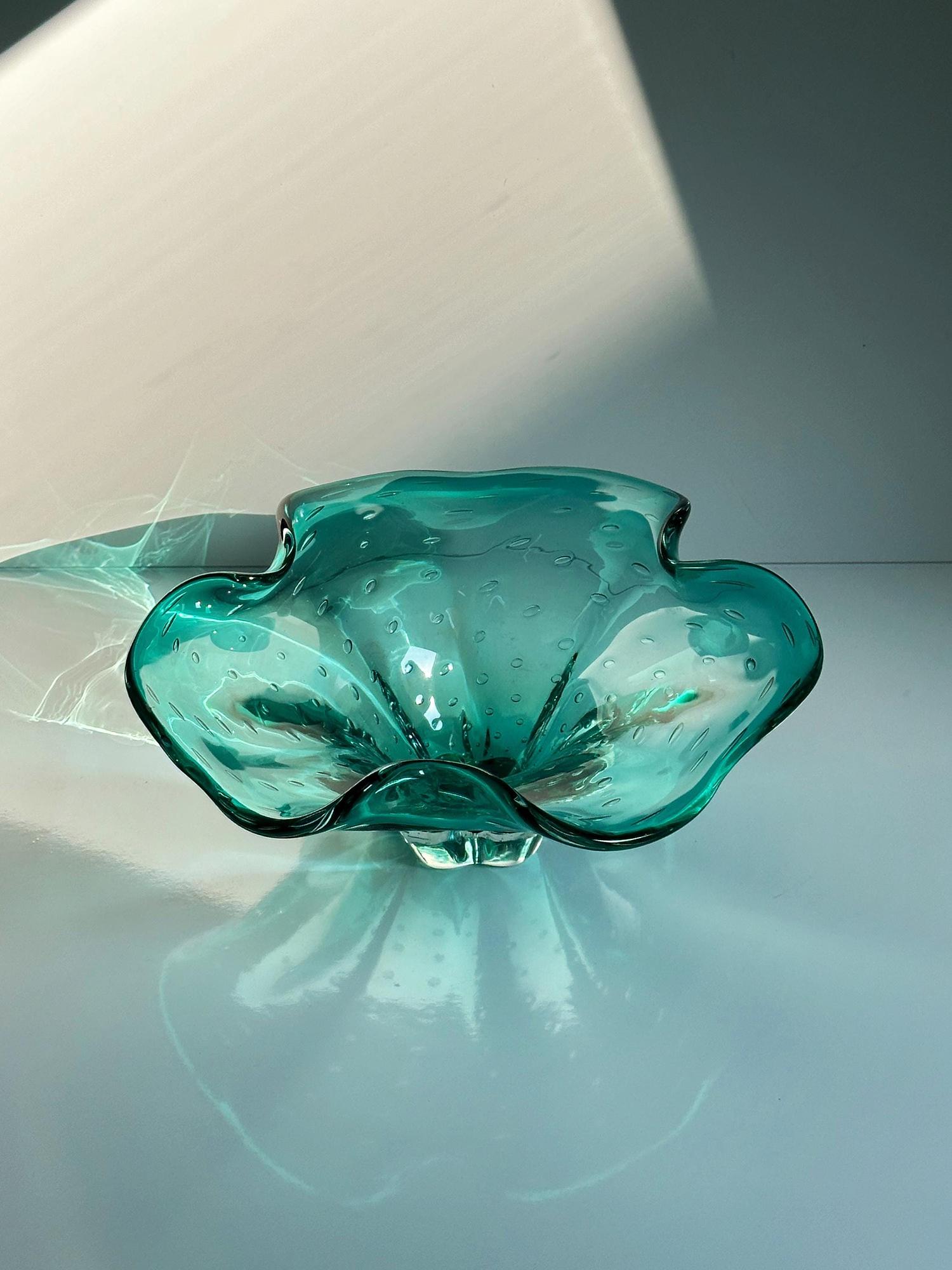 Große Vintage Murano Glasschale in Türkis 4