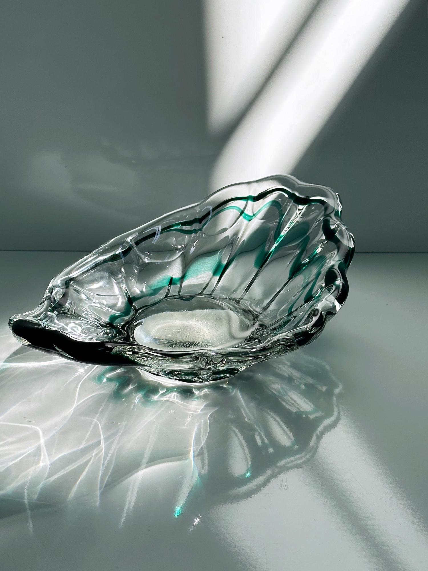 Vintage Murano Glasschale mit grünem Swirl, Italien 1970er 3
