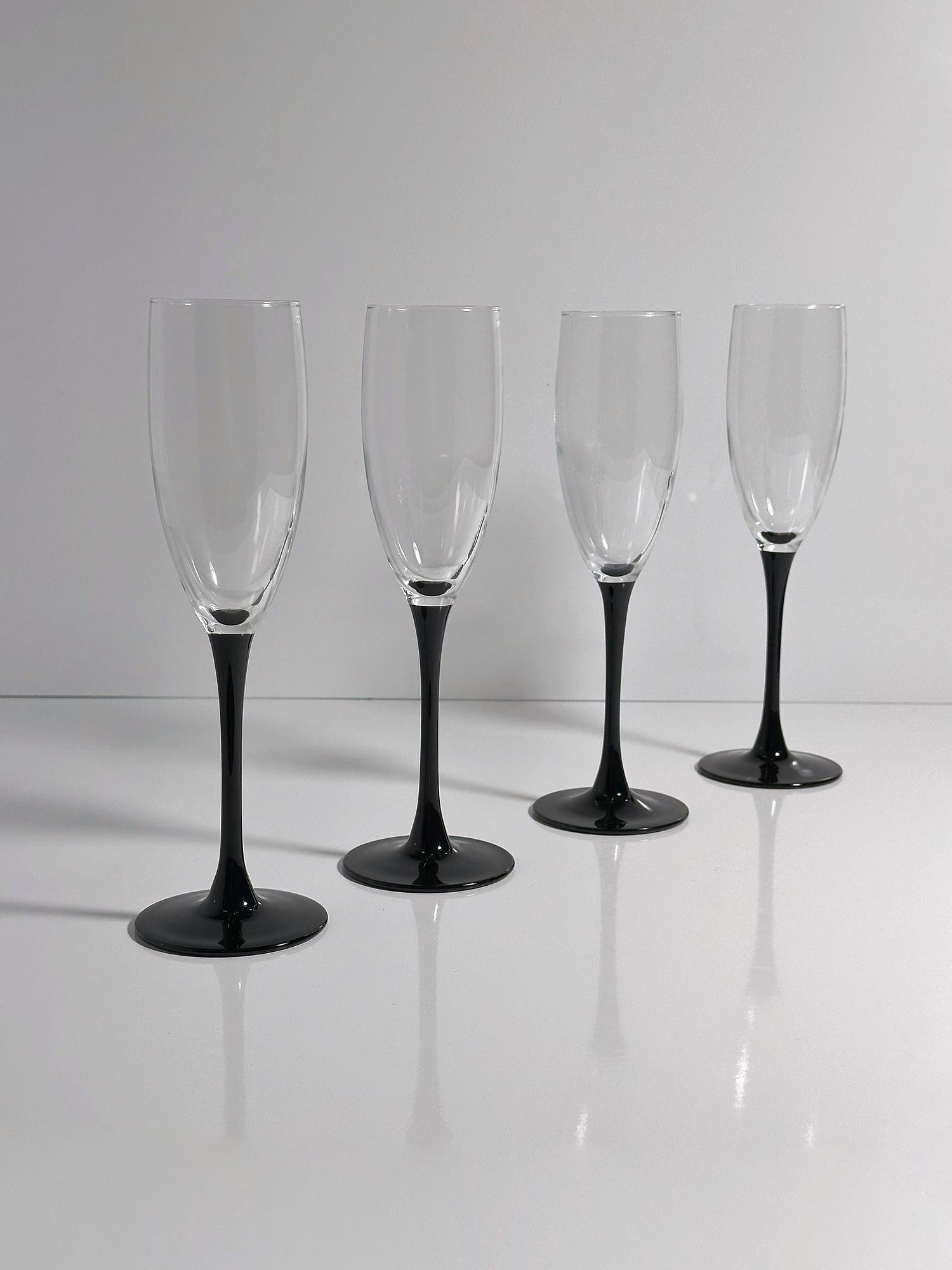 4 Luminarc Sektgläser mit schwarzem Stiel, Postmodern 1980er 1