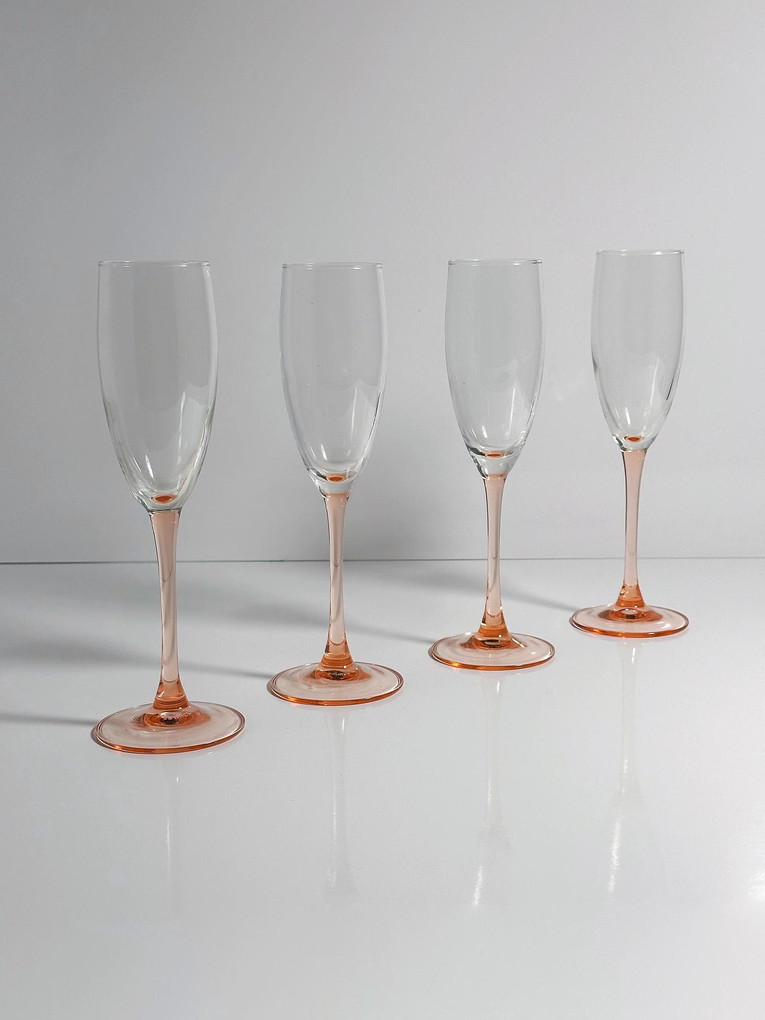 4 Luminarc Sektgläser mit rosa Stiel, Frankreich 1980er 1