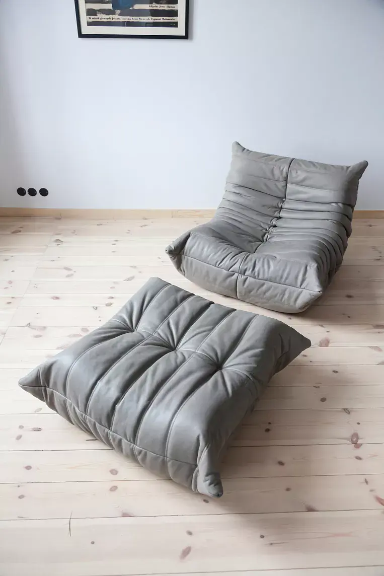 Togo Armchair and Ottoman Set Madras-Leather Ash Grey 1
