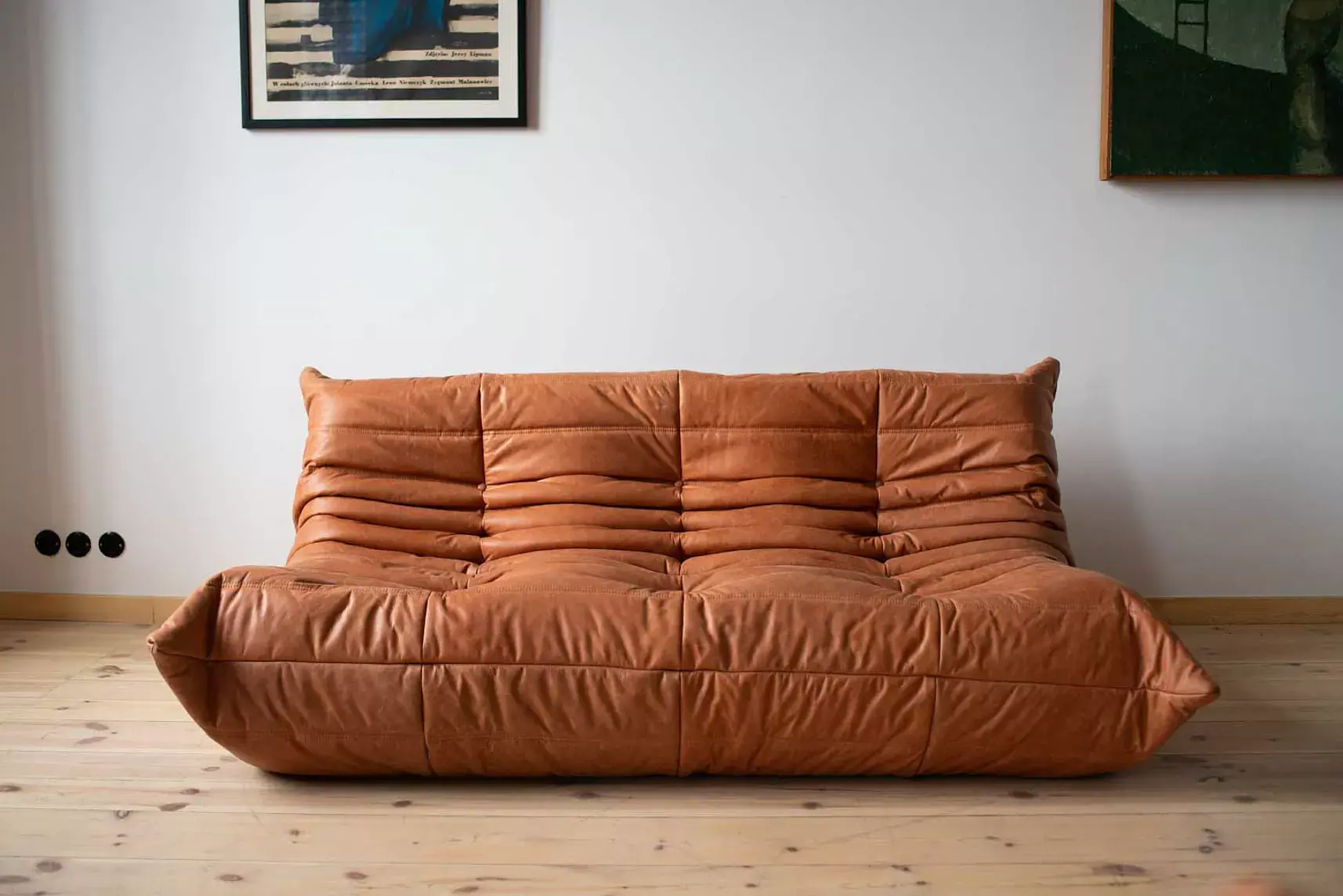 Togo Sofa 3-Seater Pull-Up Leather Peach Brown 1
