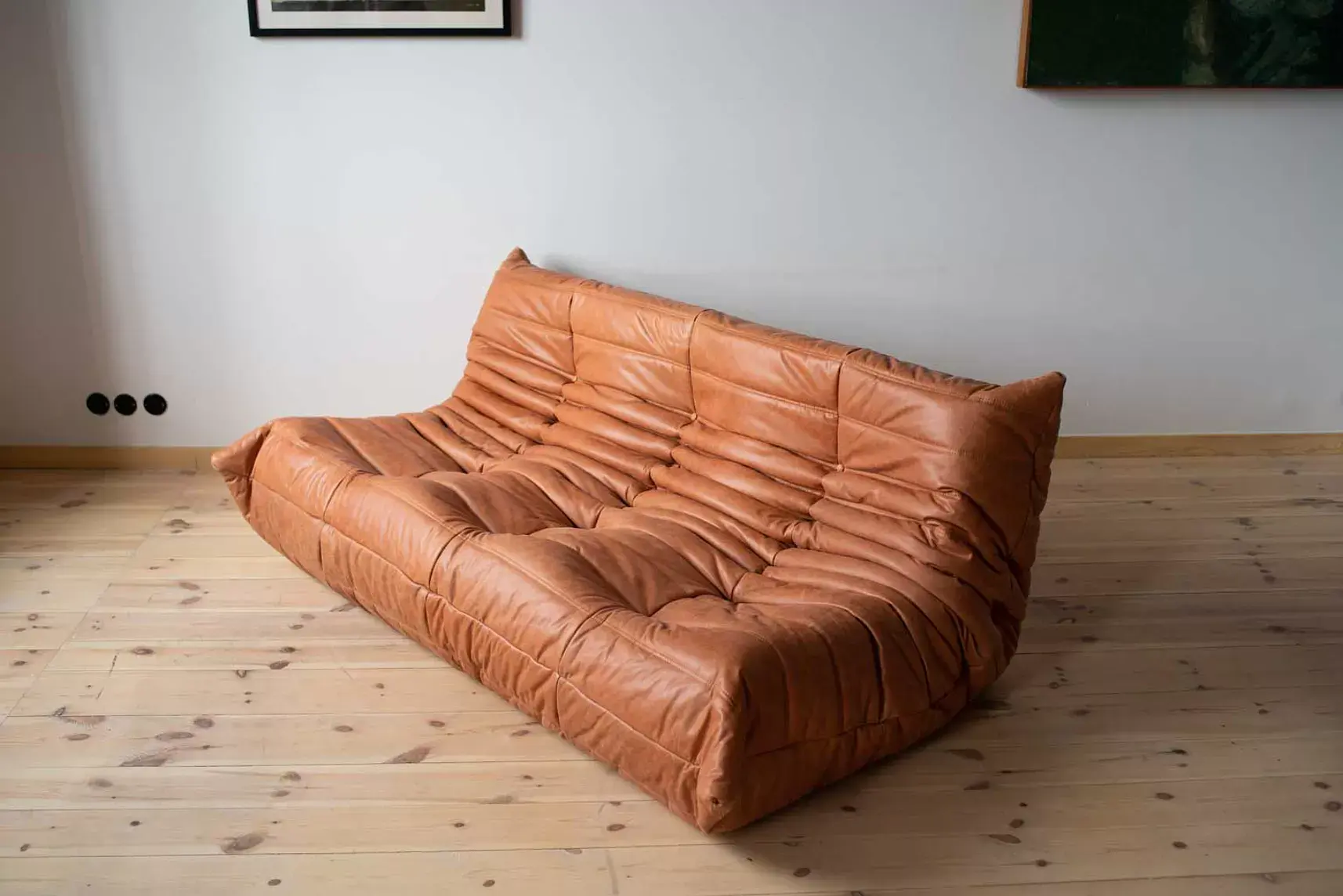 Togo Sofa 3-Seater Pull-Up Leather Peach Brown 2