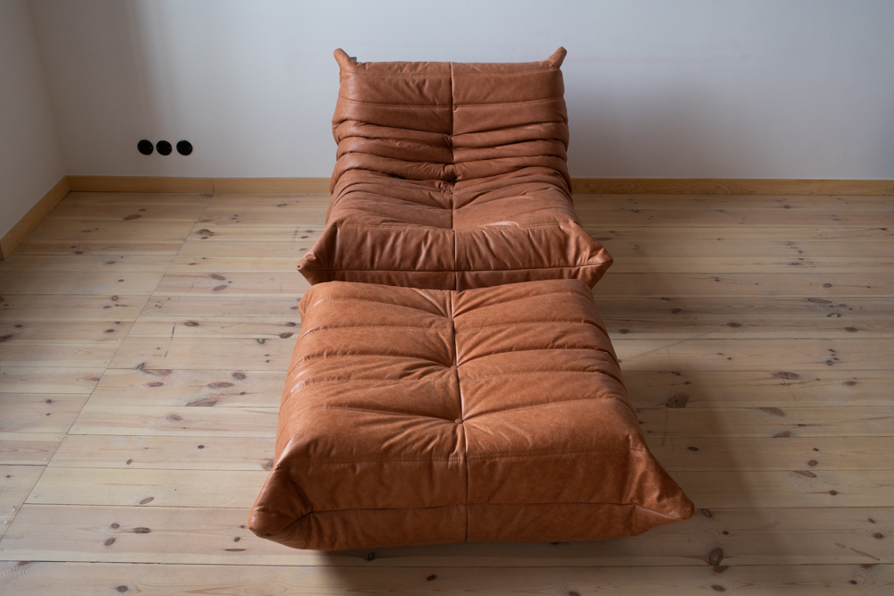 Togo armchair and ottoman set pull-up leather peach brown 1