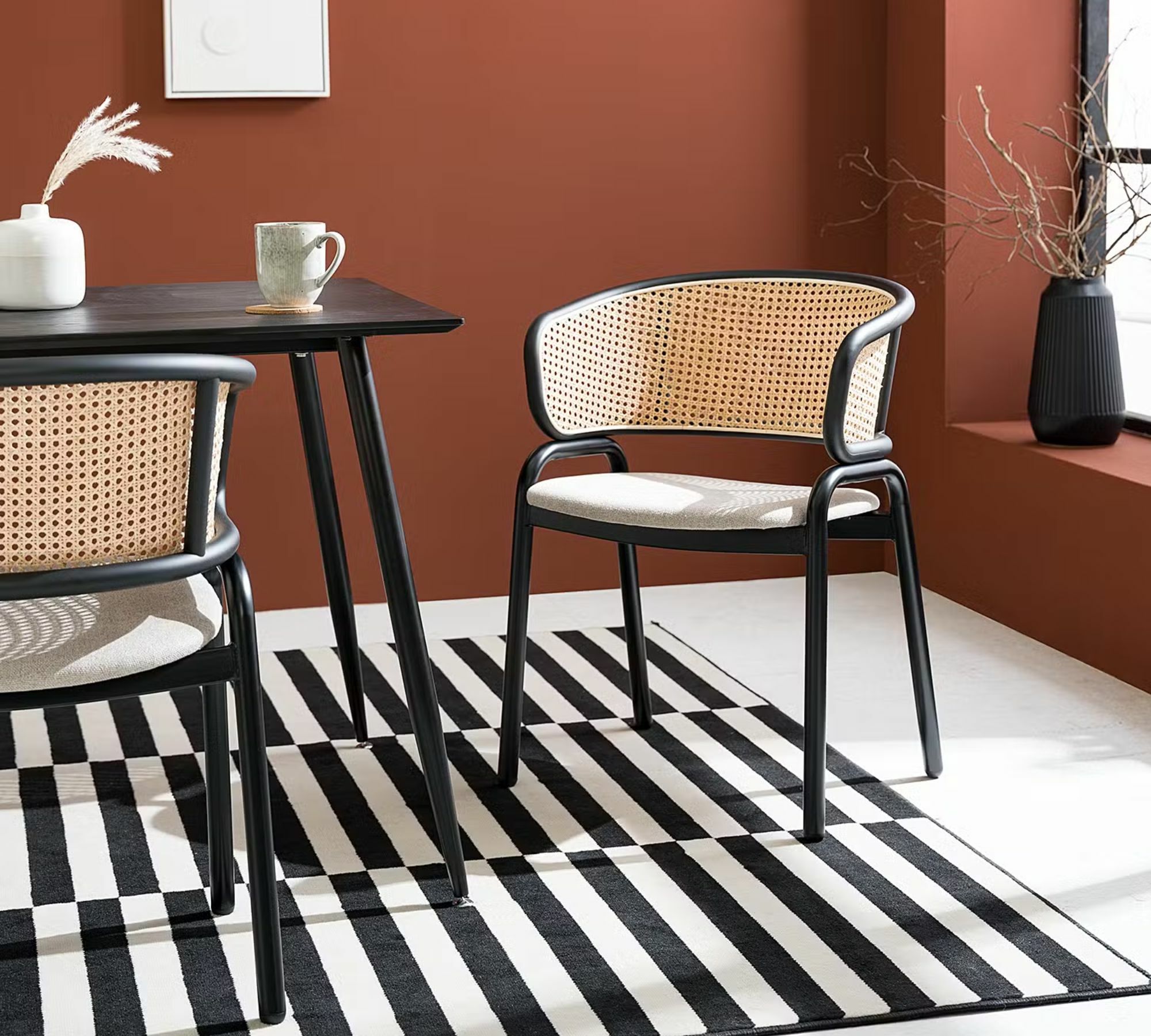 2x Armlehnstuhl  Rattan Webstoff Beige Schwarz 0
