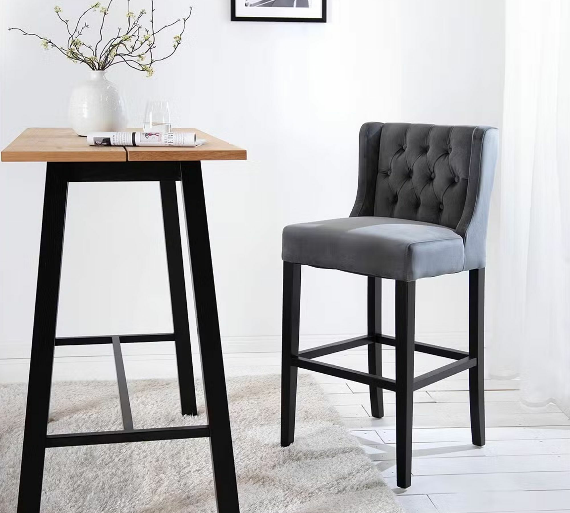 Barstuhl Samt Holz Grau 0