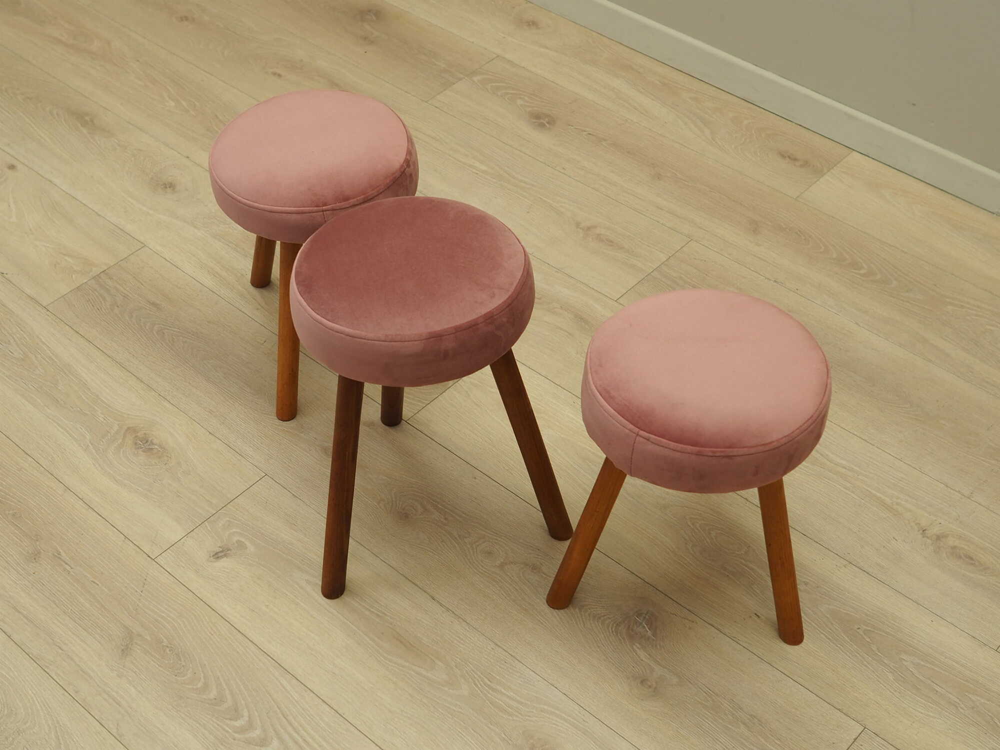 3x Vintage Stools Wood Velvet Pink 1960s 2