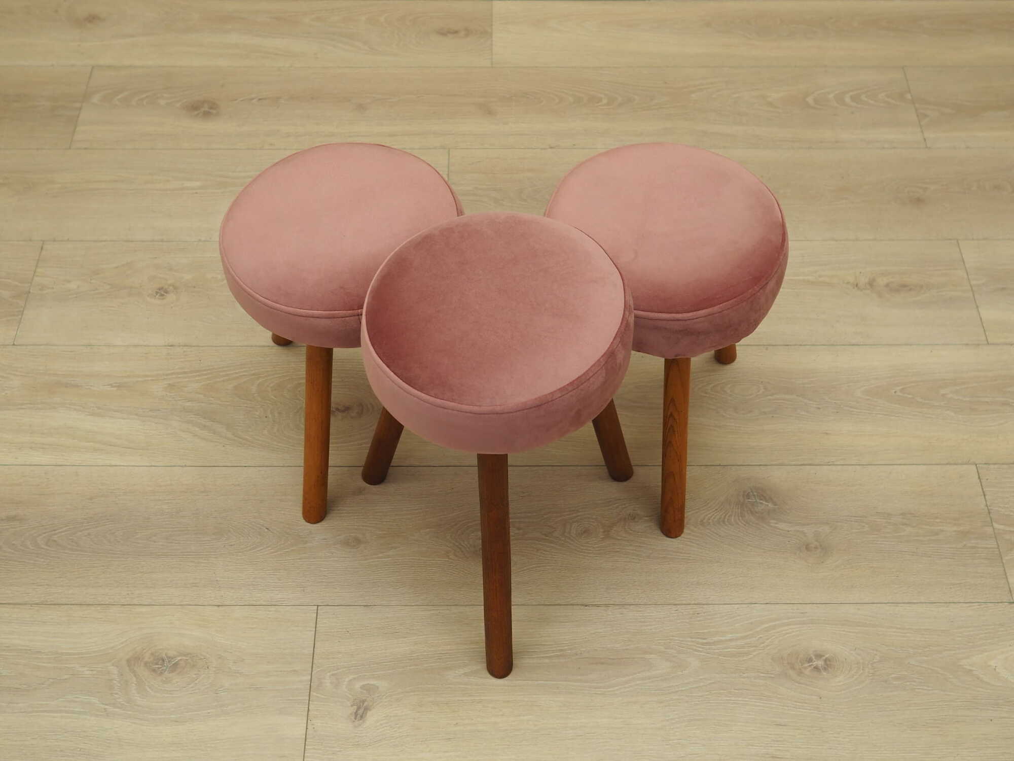 3x Vintage Stools Wood Velvet Pink 1960s 3