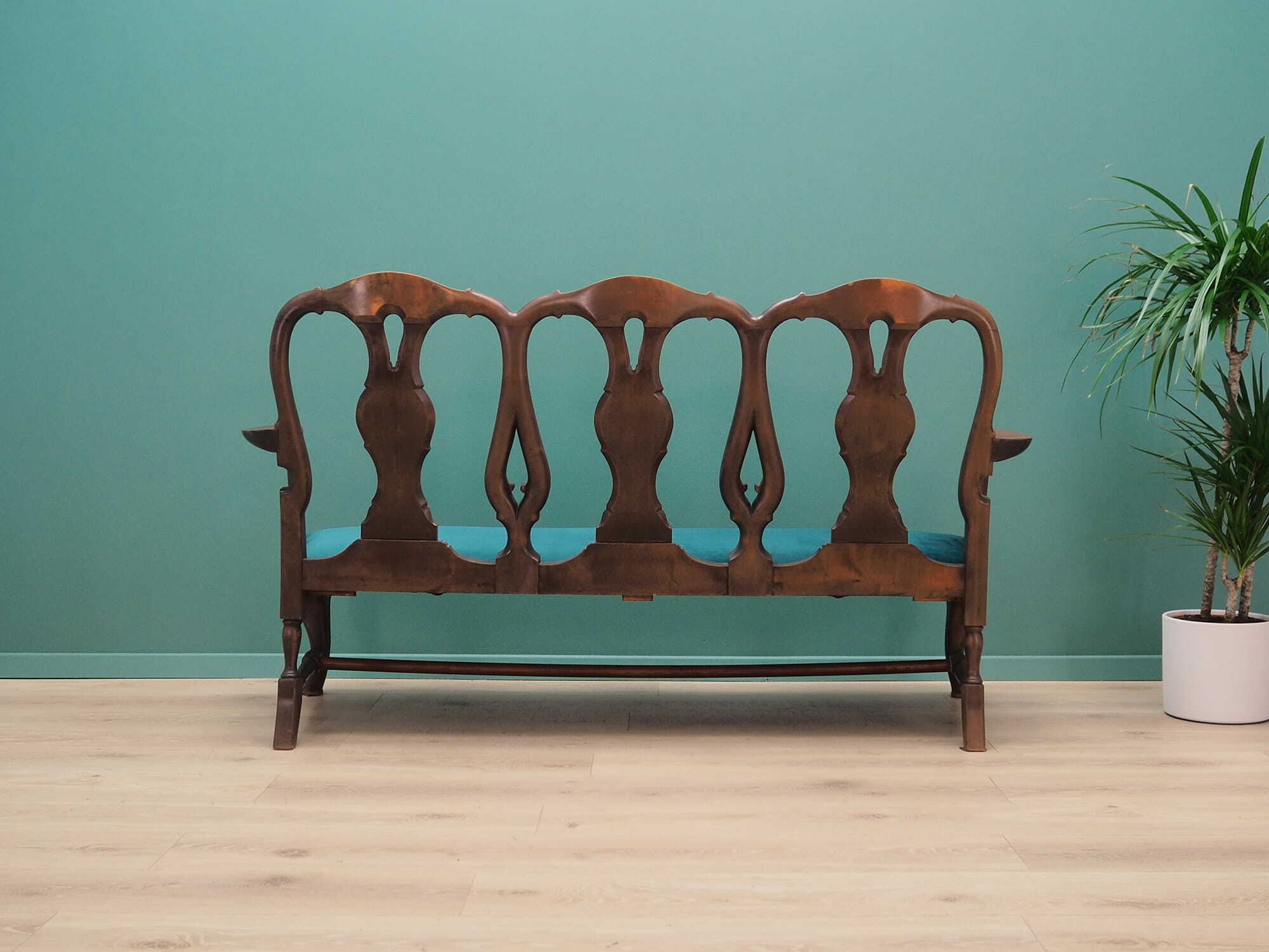 2x Vintage Chair & Bench Wood Velvet Blue 1970s 5