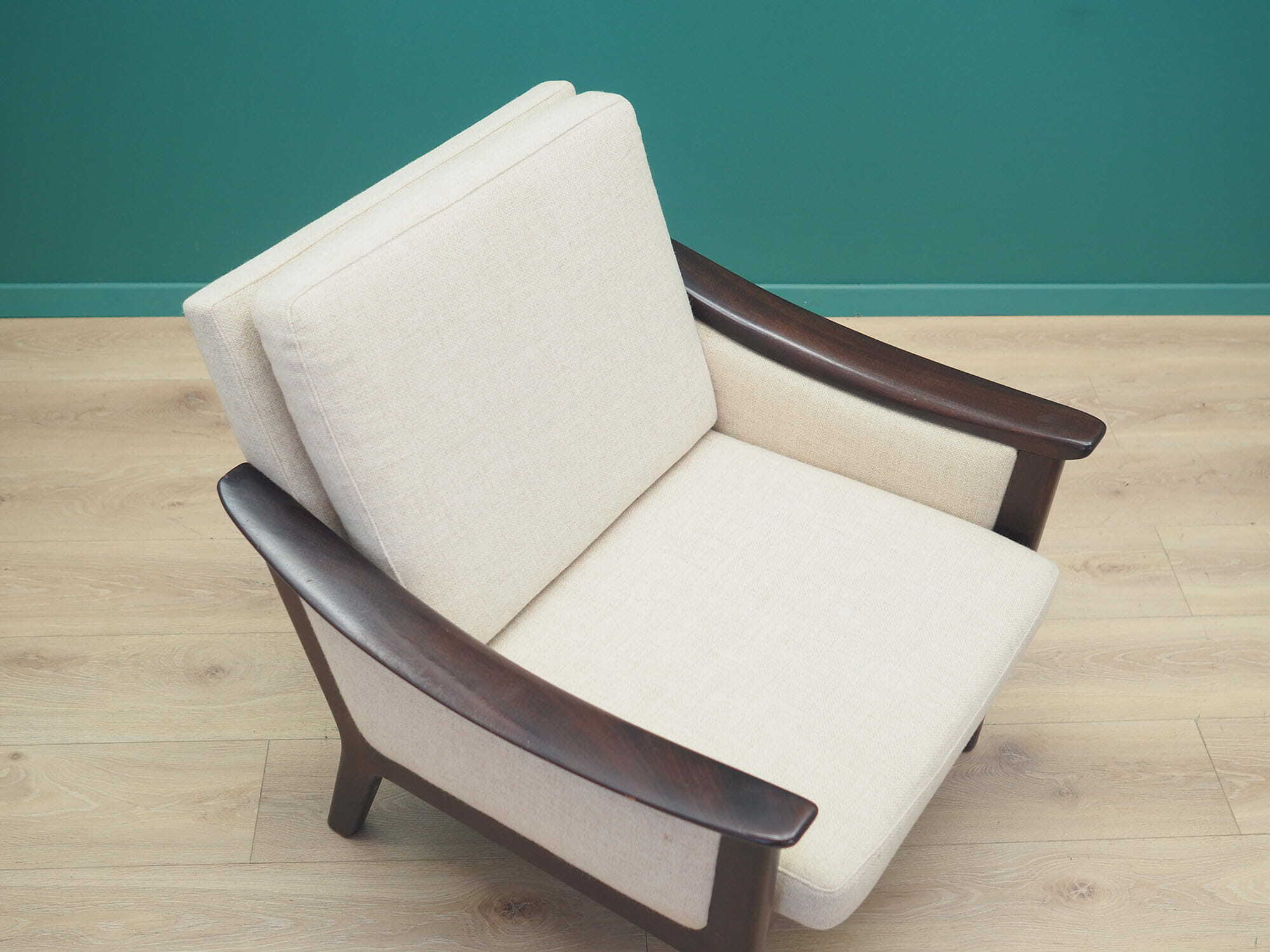 Vintage armchair wood fabric cream 1970s 7