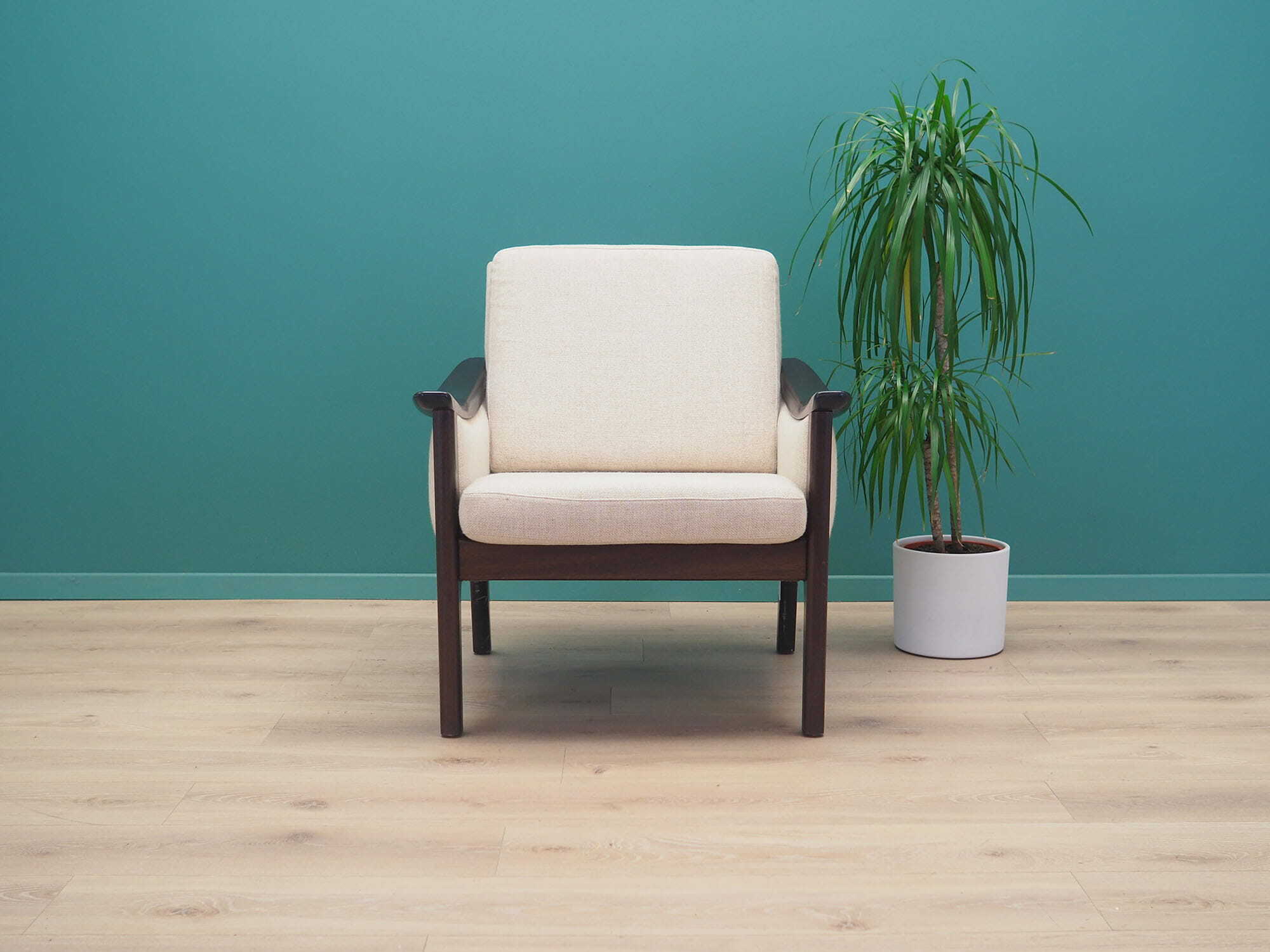 Vintage armchair wood fabric cream 1970s 2
