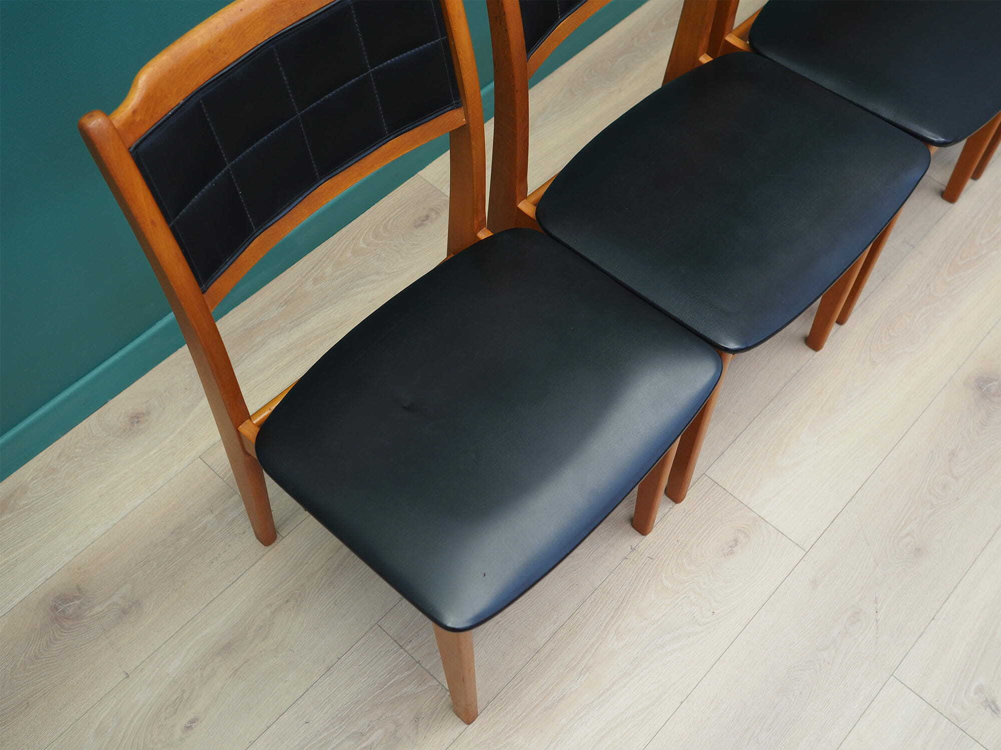 4x Vintage Chair Beech Wood Faux Leather Black 1970s 2