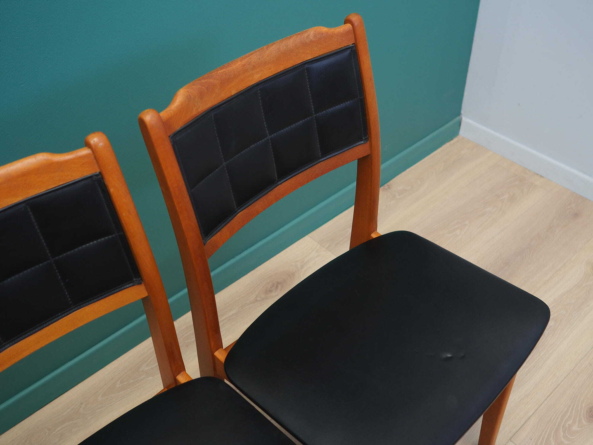 4x Vintage Chair Beech Wood Faux Leather Black 1970s 4