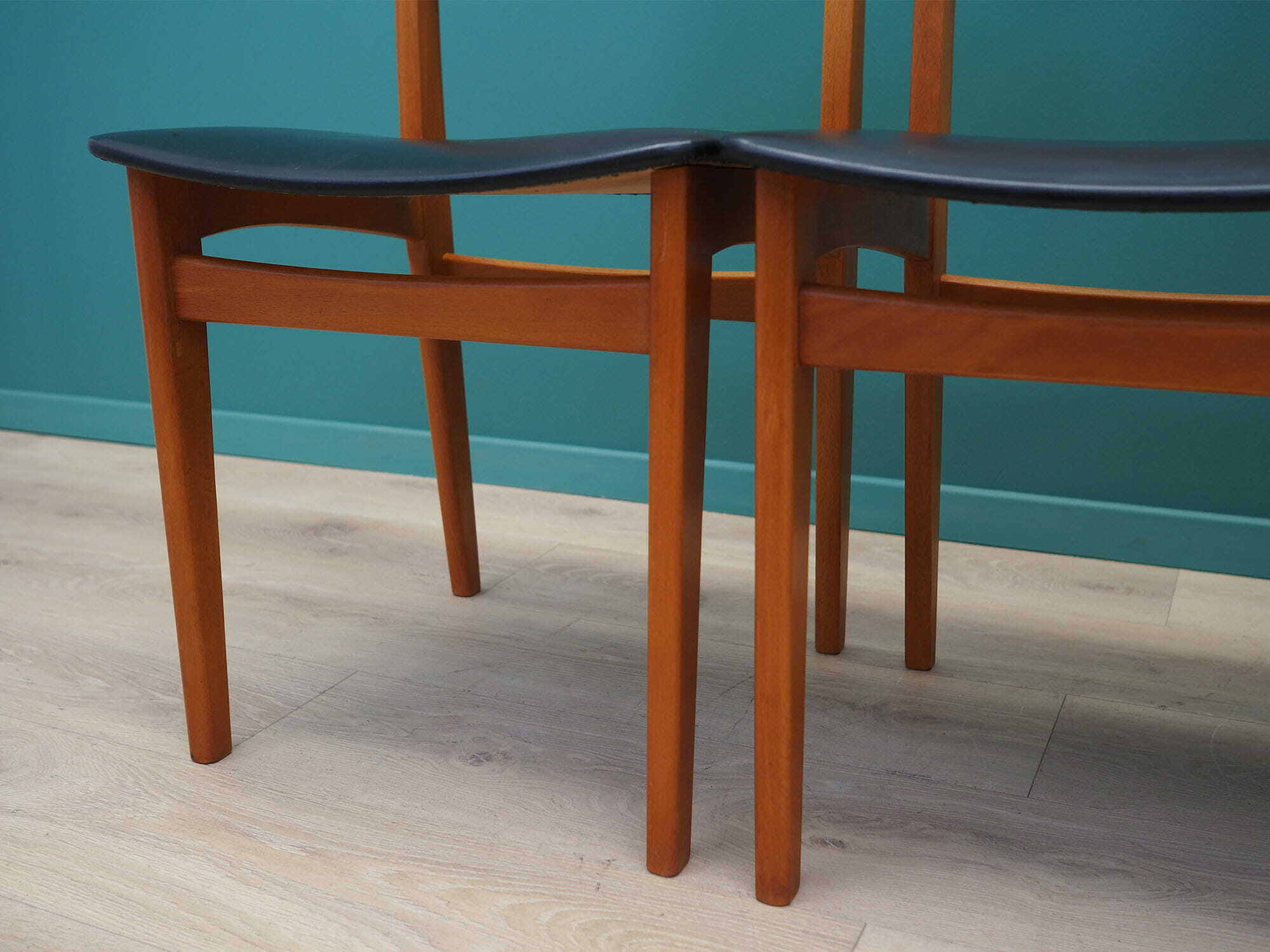 4x Vintage Chair Beech Wood Faux Leather Black 1970s 7