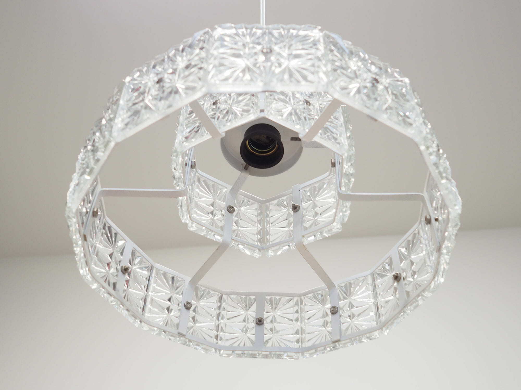 Vintage pendant lamp glass metal white 1970s 6