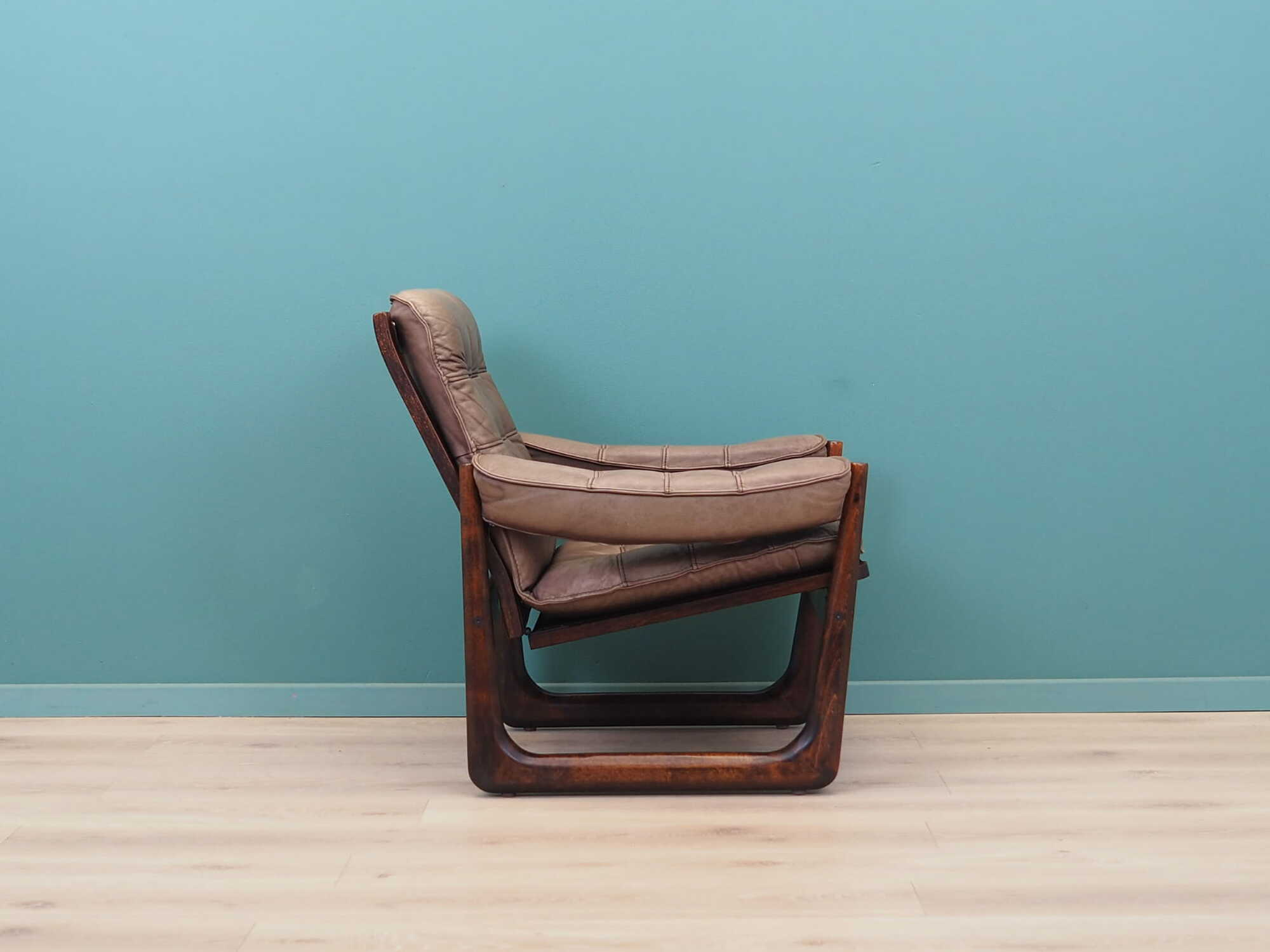 Vintage armchair leather wood brown 1960s 4