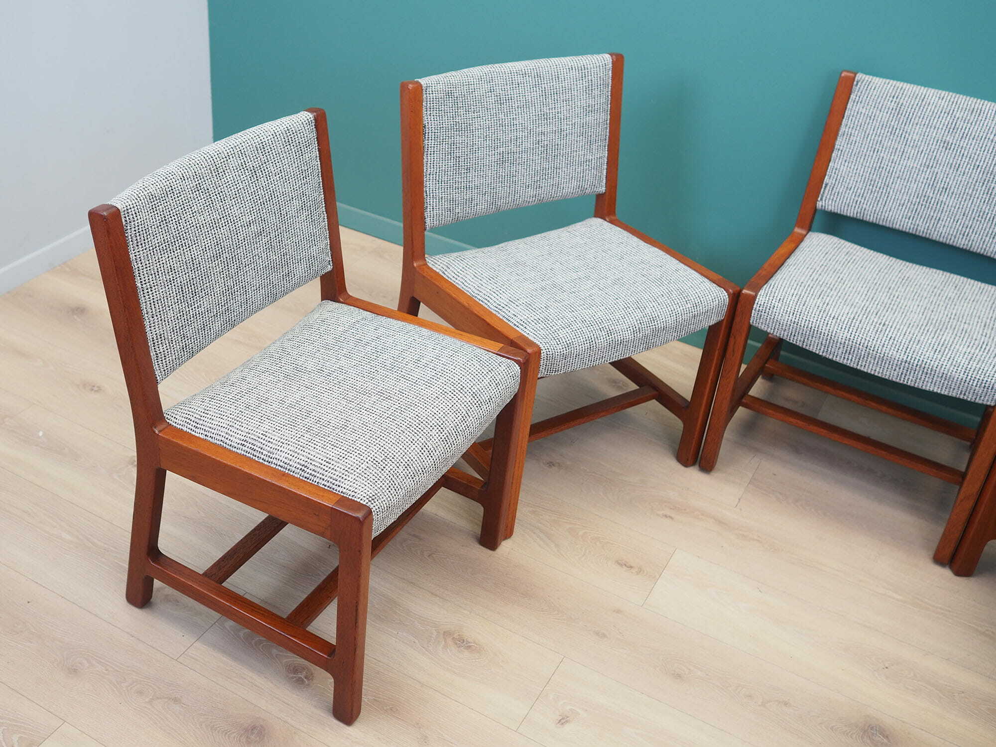 5x Vintage Chair Teak Wood Textile Grey 1970s 2