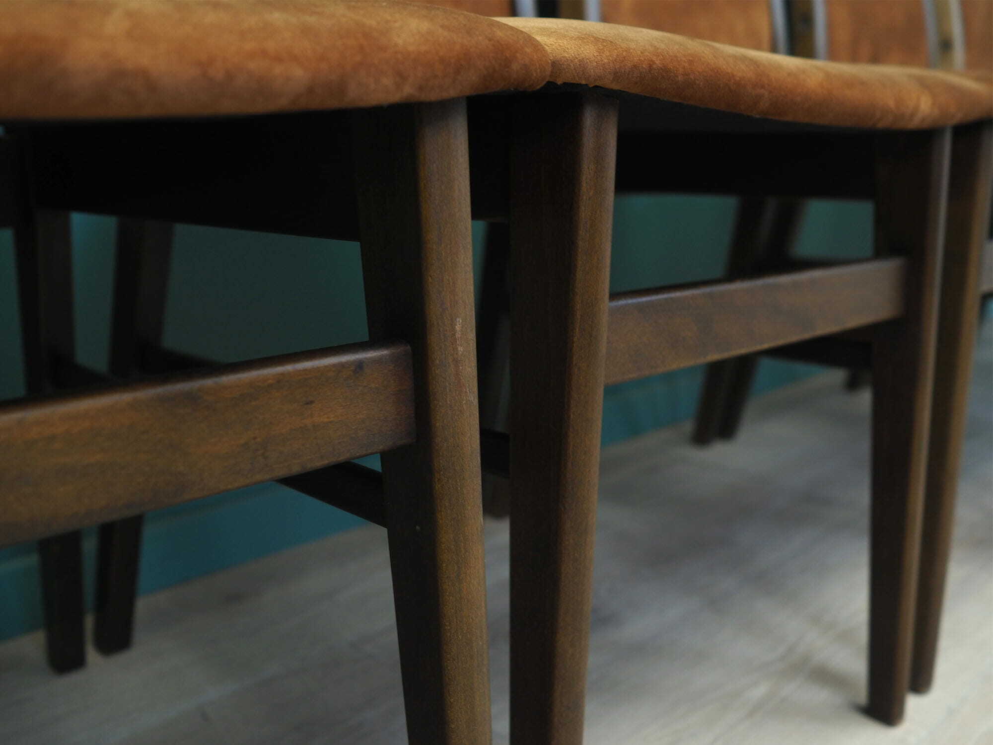 6x Chair Beech wood Velvet Brown 1960s 7