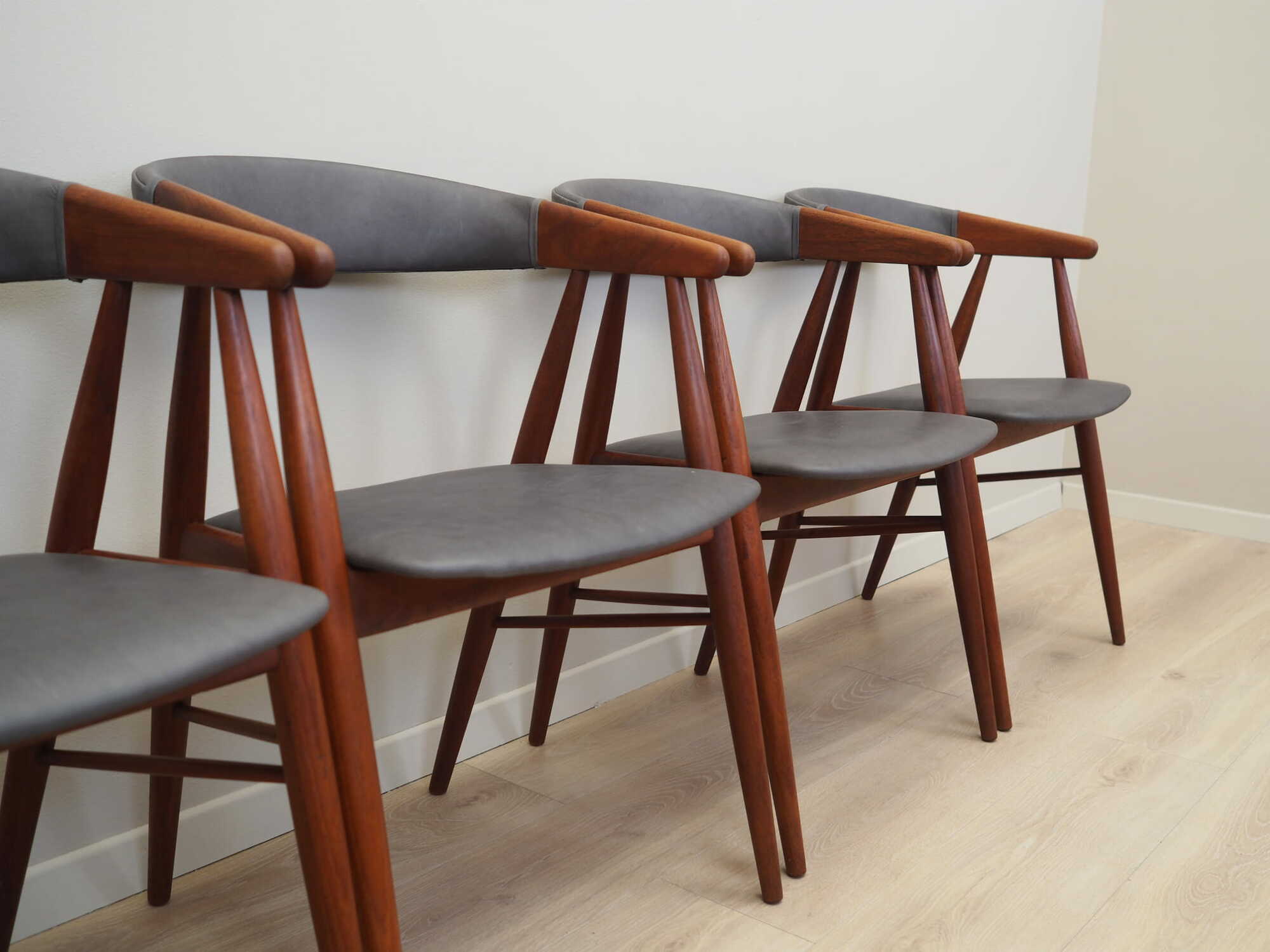 4x Vintage Chair Teak Wood Leather Gray 1960s 4