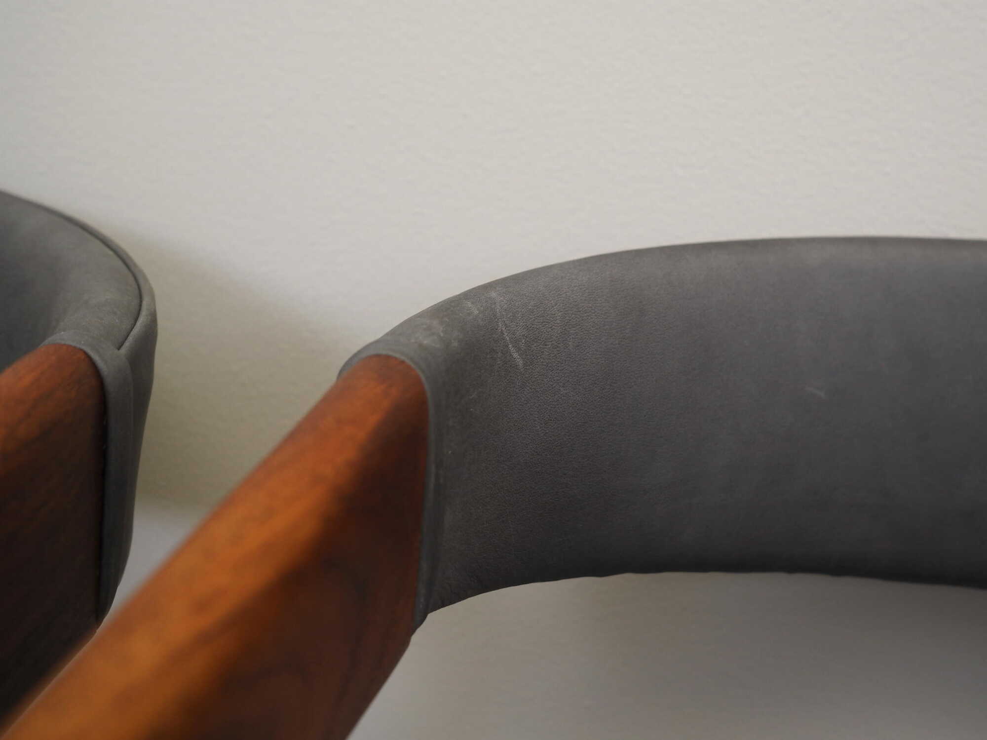 4x Vintage Chair Teak Wood Leather Gray 1960s 7