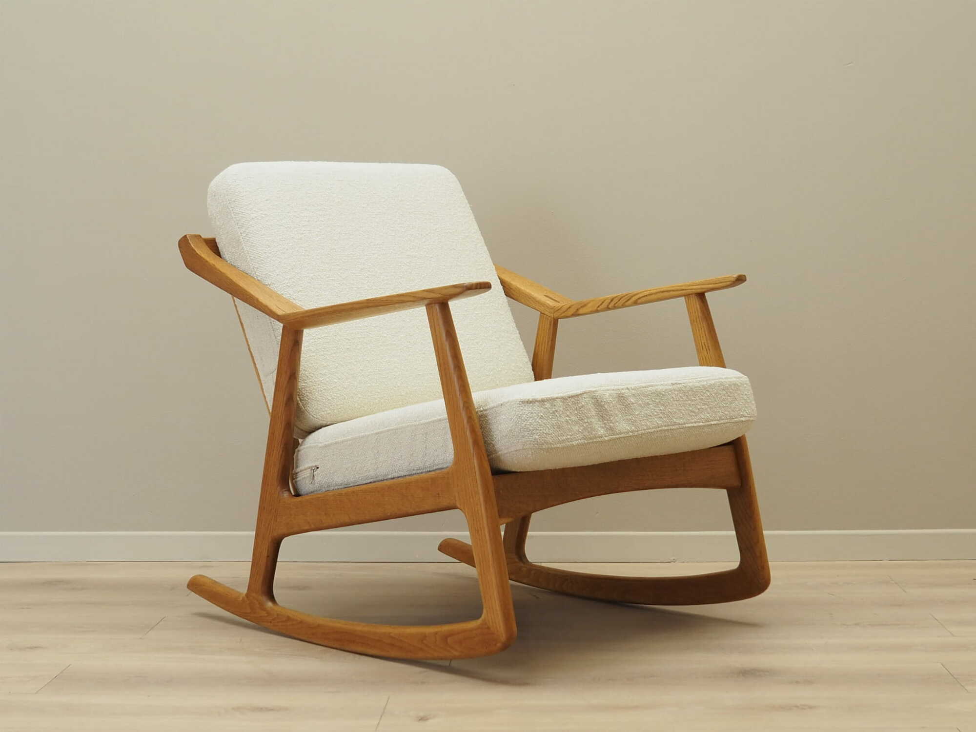 Vintage rocking chair oak wood textile cream 1960s 6