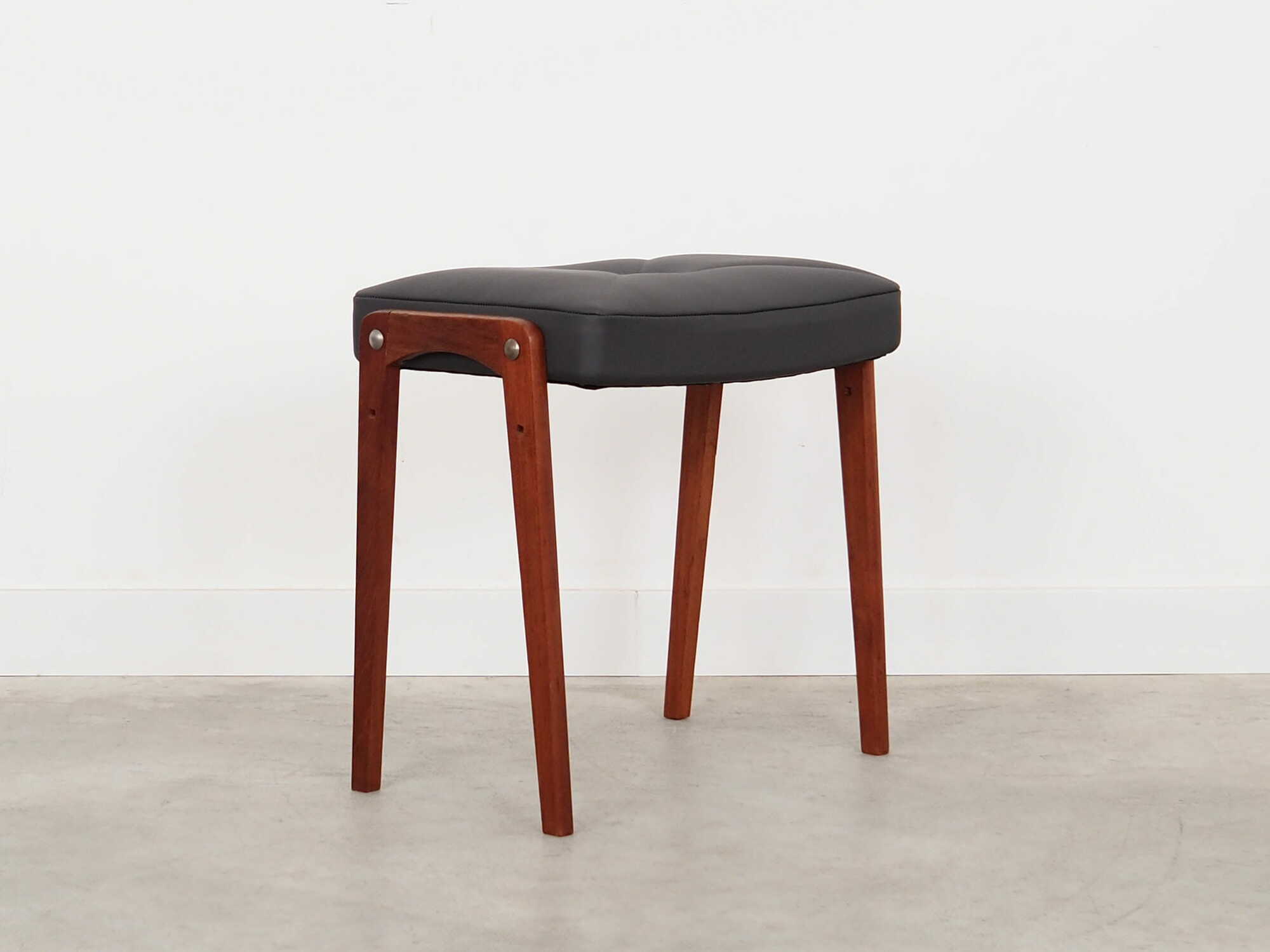 Vintage stool Teak wood Leather Black 1970s 3
