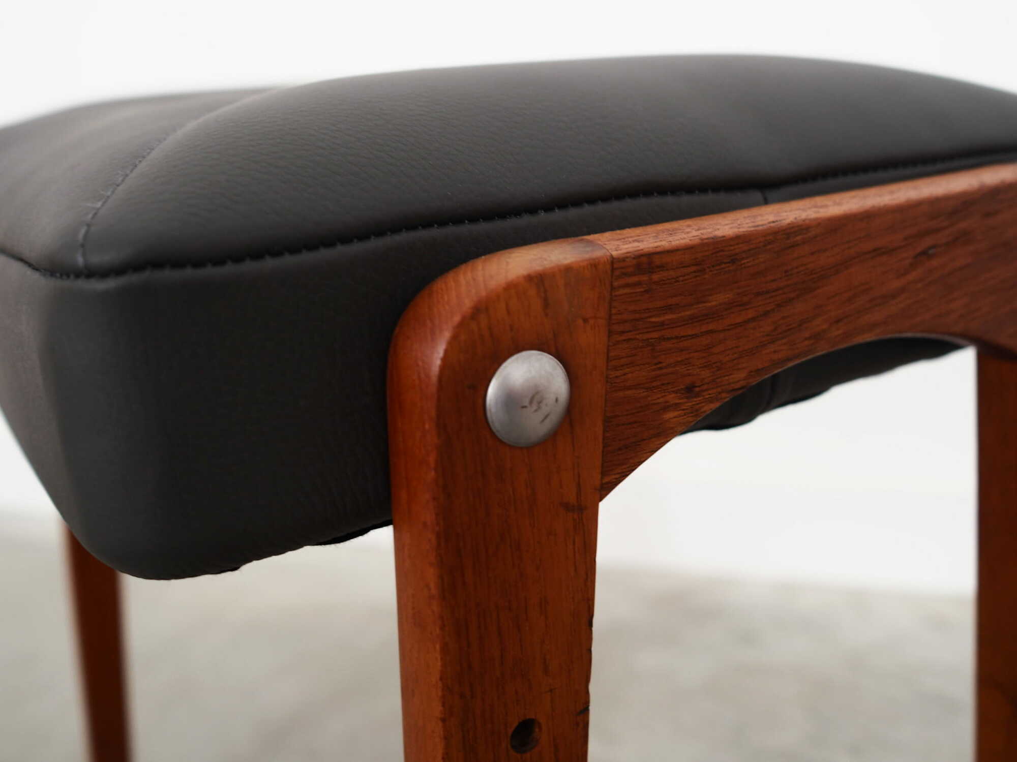 Vintage stool Teak wood Leather Black 1970s 7