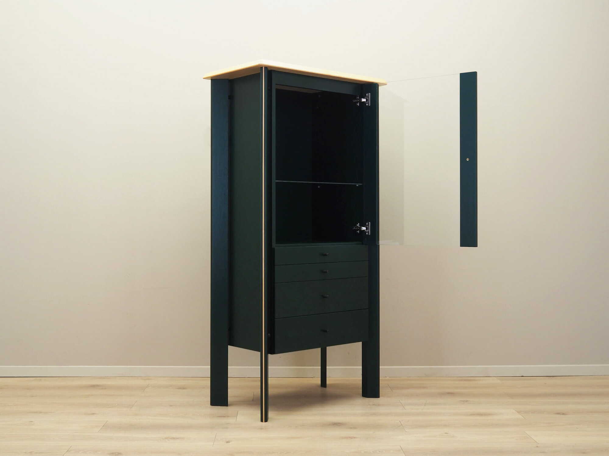 Vintage display cabinet oak wood green 1980s 4