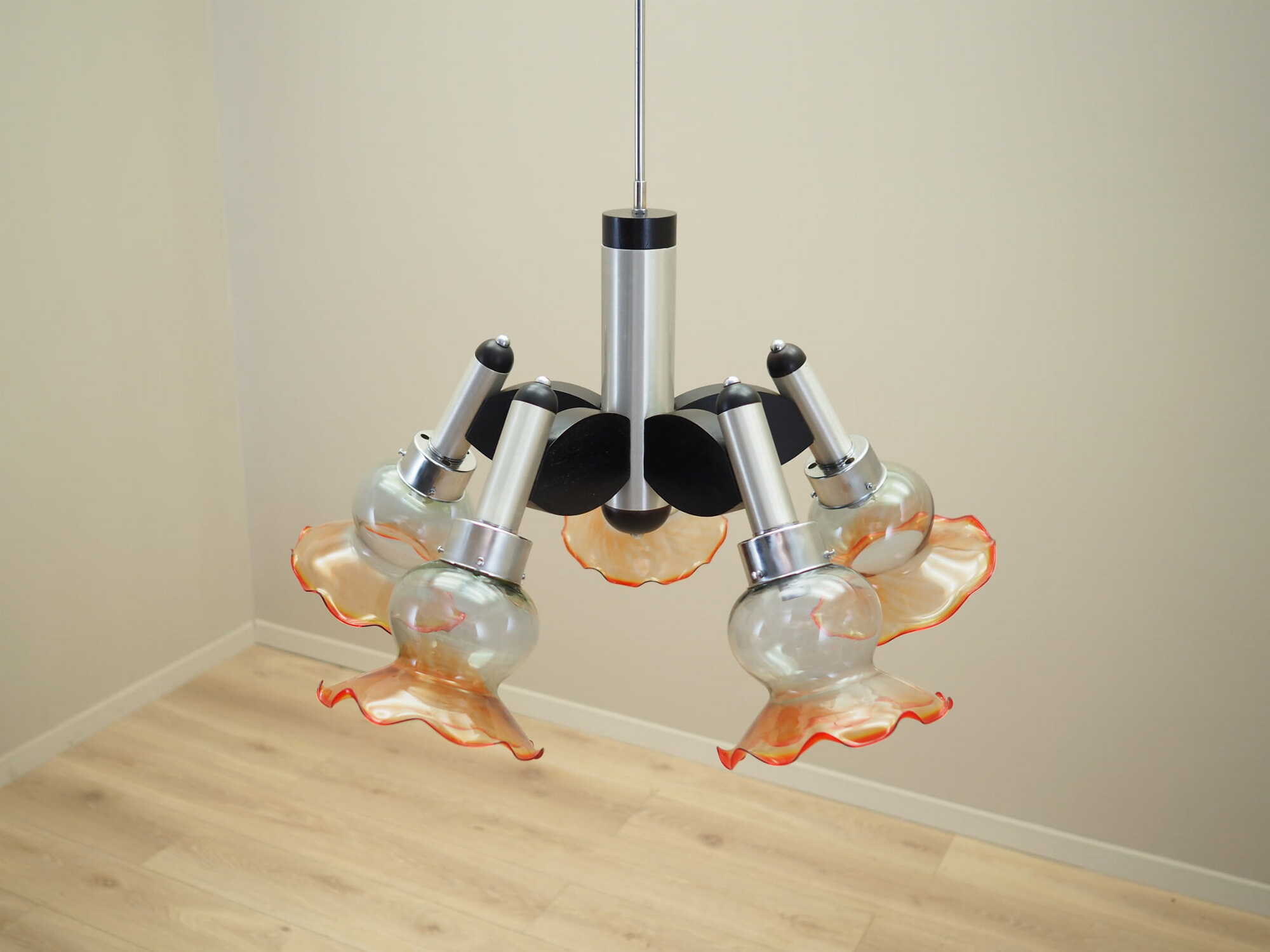 Vintage chandelier glass wood orange 1970s 4