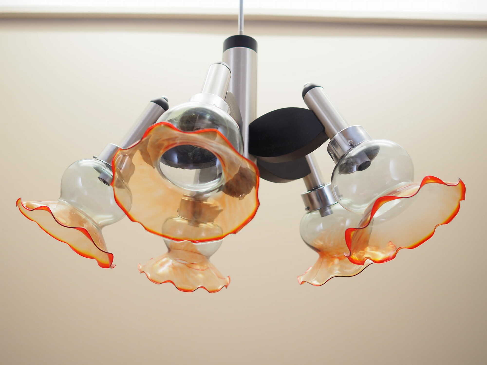 Vintage chandelier glass wood orange 1970s 7