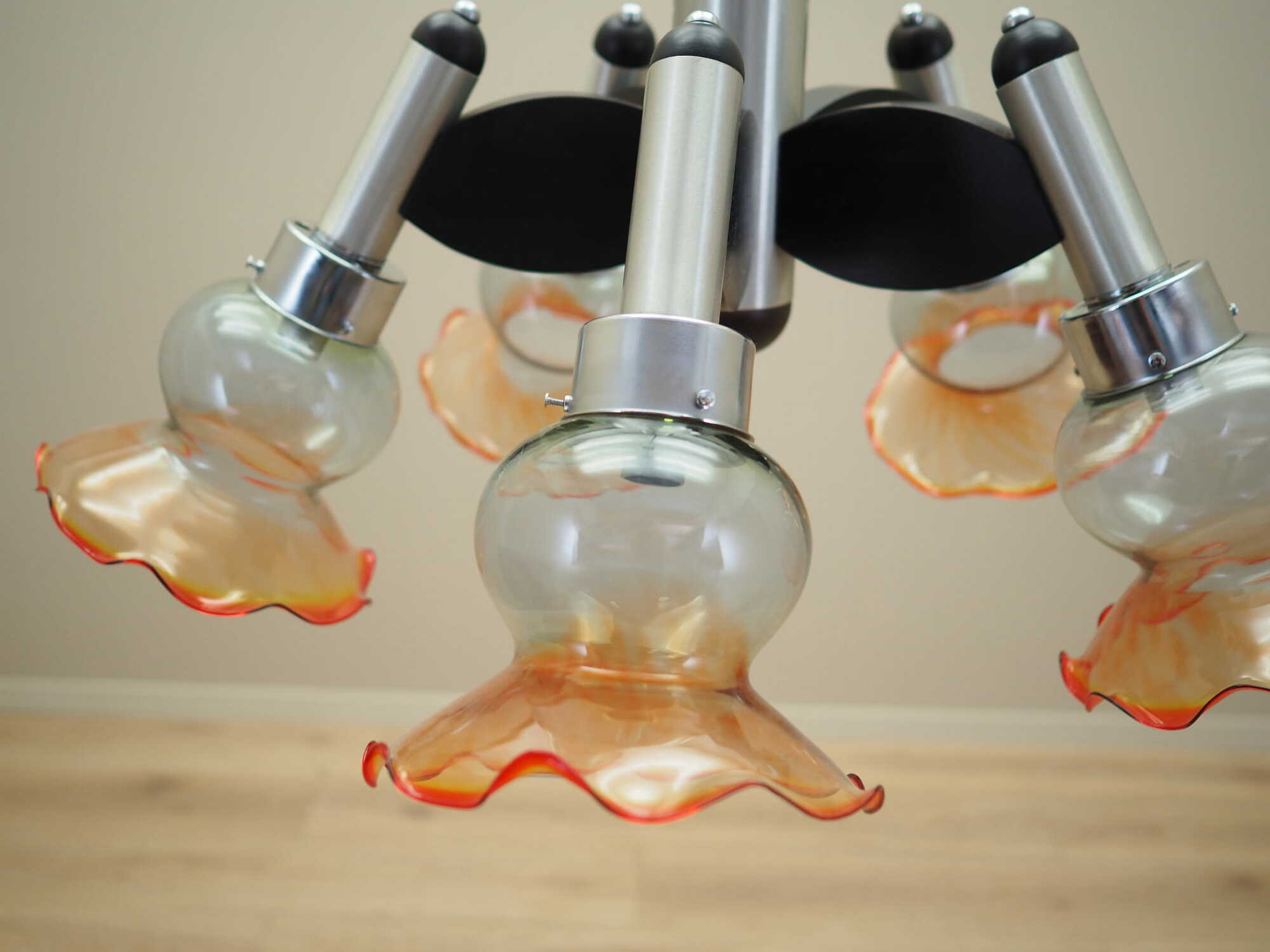 Vintage chandelier glass wood orange 1970s 5