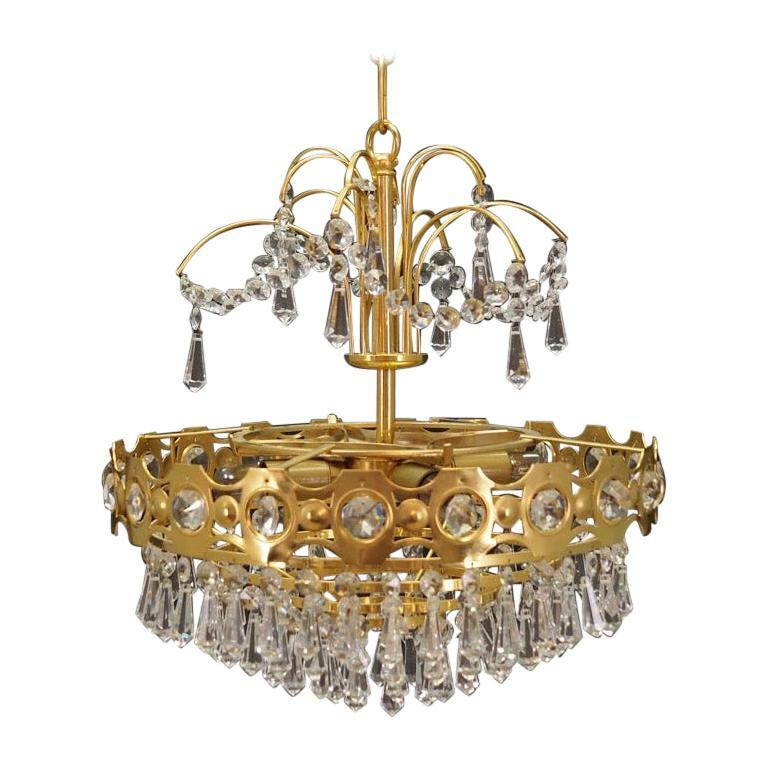 Vintage Chandelier Brass Glass Gold 1970s 0