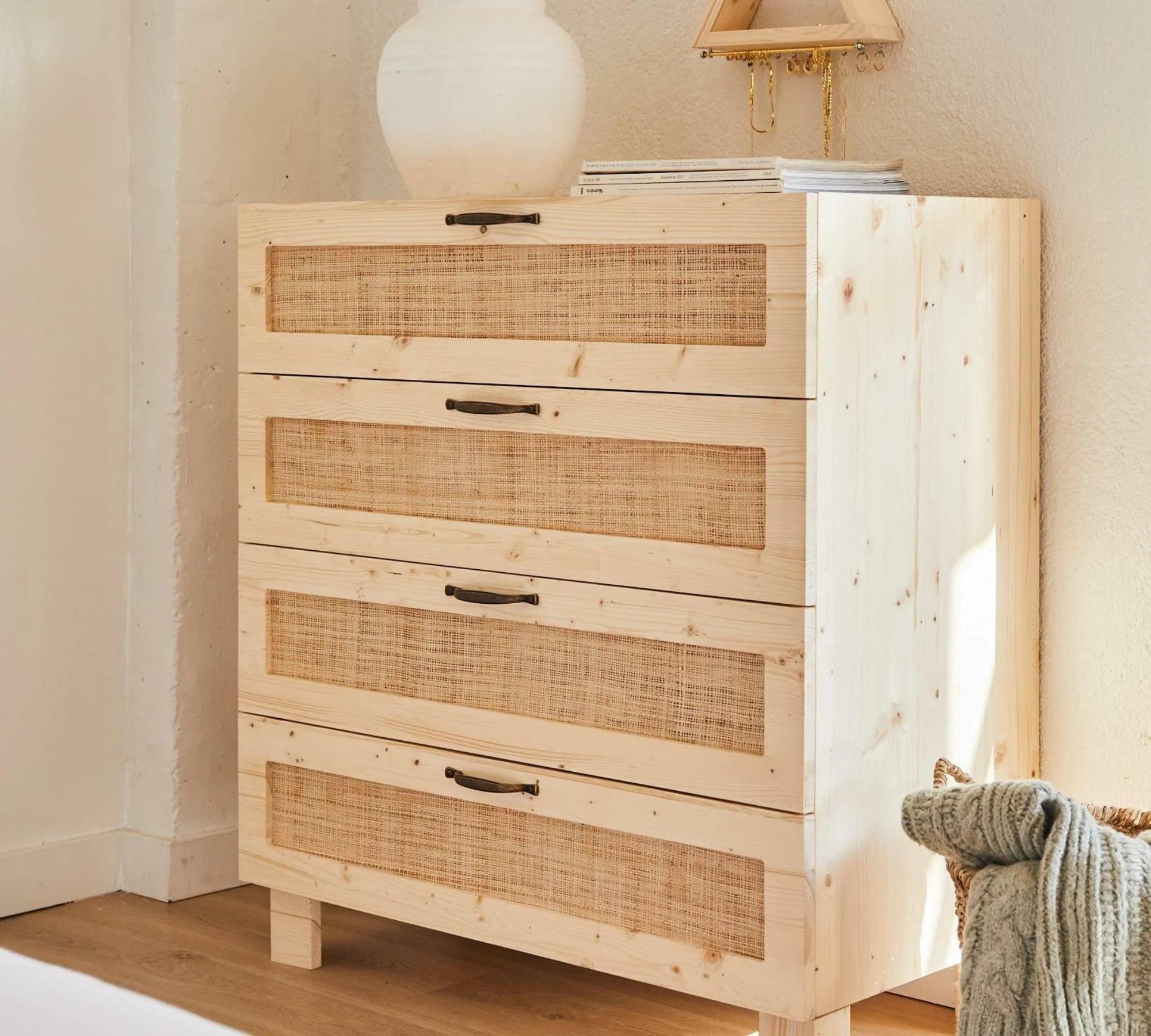 Kommode mit Geflecht 4 Schubladen Holz Kiefer 0