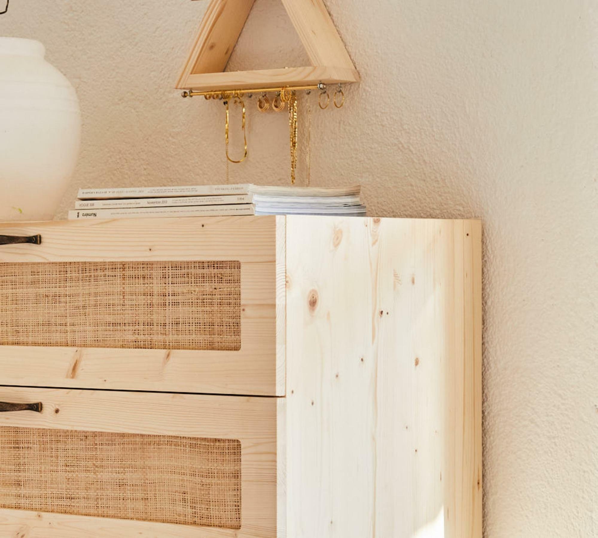 Kommode mit Geflecht 4 Schubladen Holz Kiefer 1