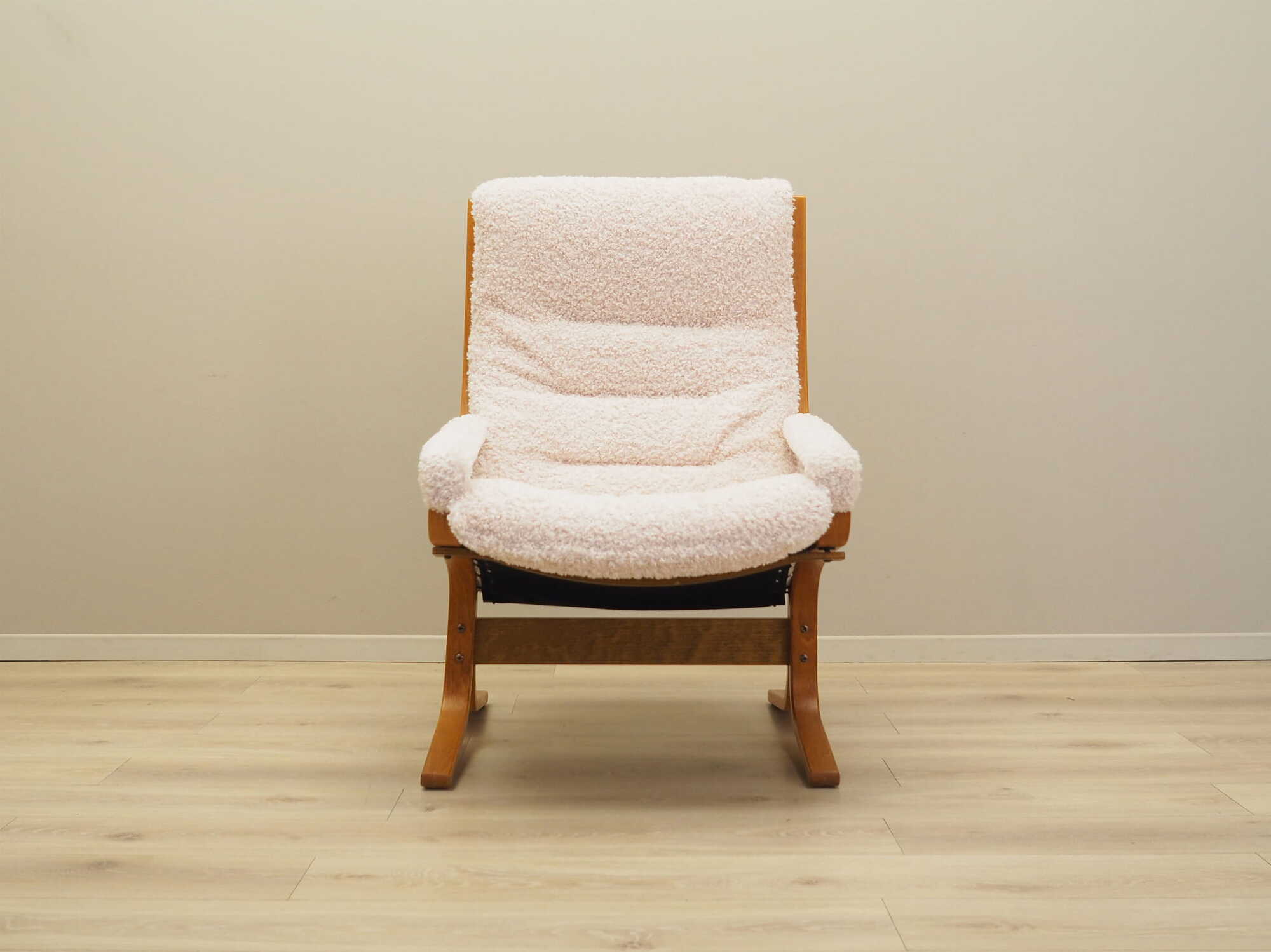 Vintage armchair textile wood cream 1970s 1