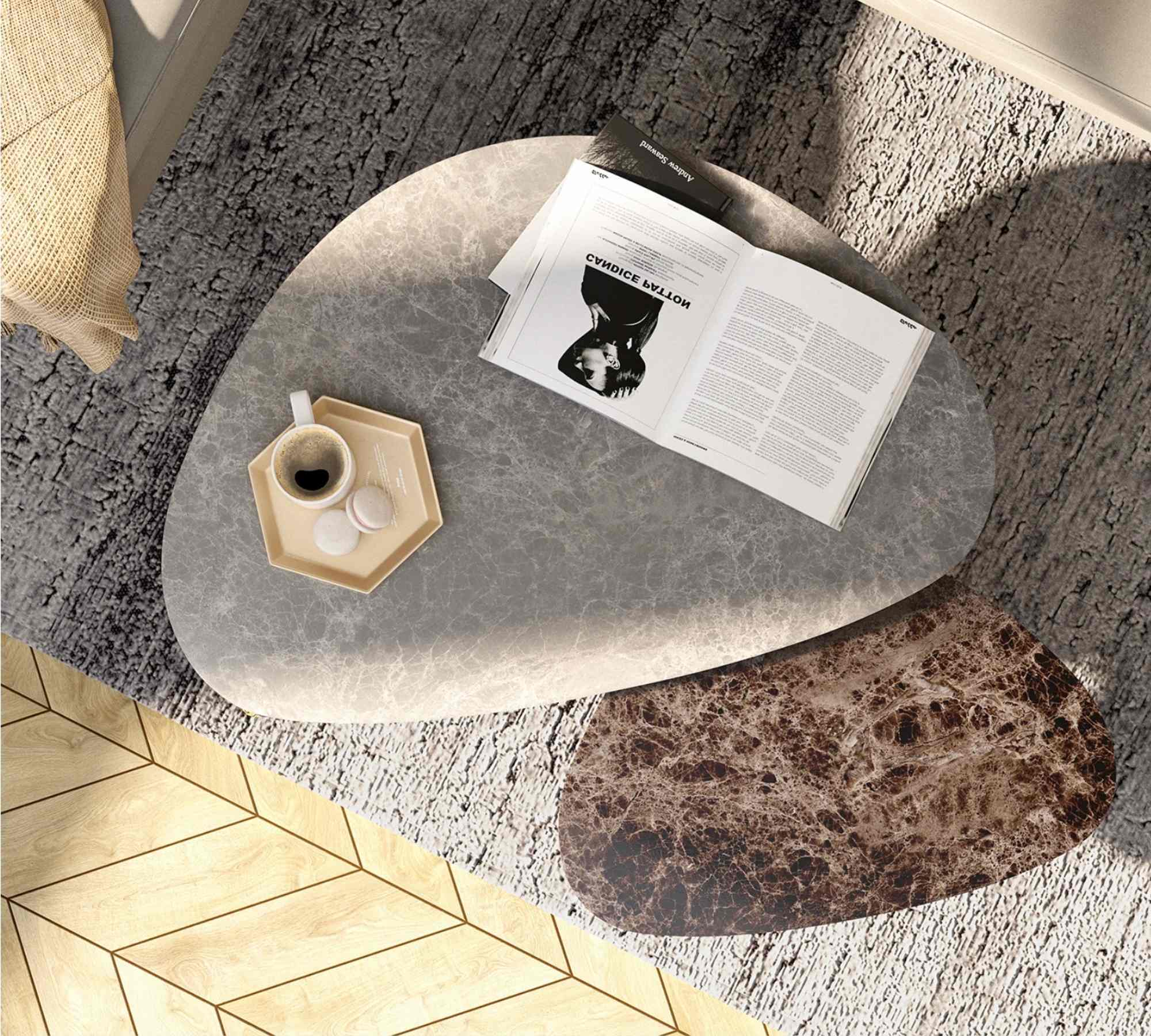 Couchtisch Marmoroptik Hellgrau Dekor Gold 4