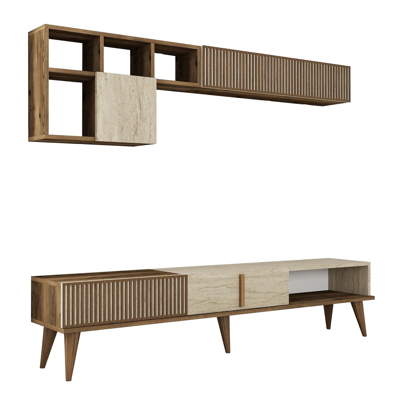 Milan lowboard with wall shelf walnut brown cream 5