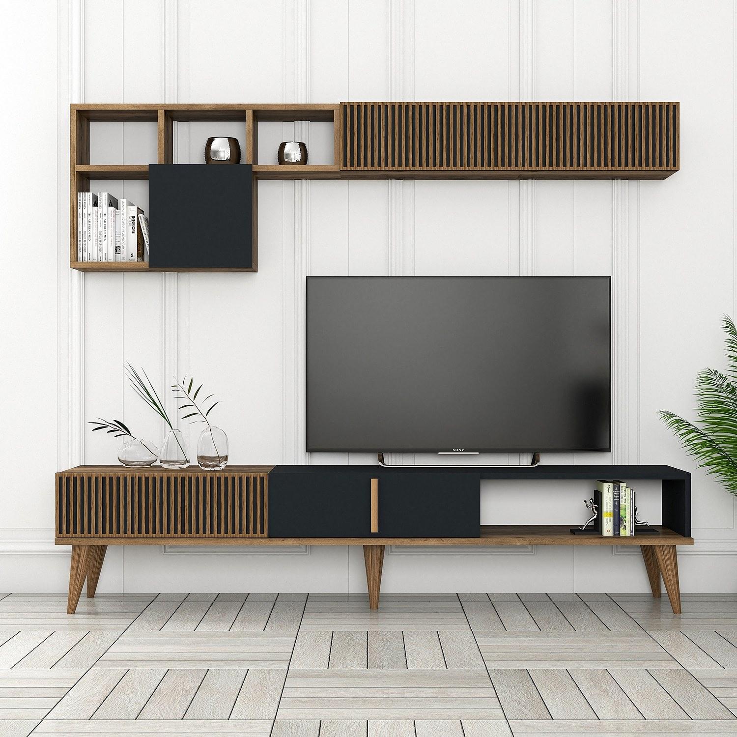 Milan Lowboard with Wall Shelf Walnut Brown Anthracite 0