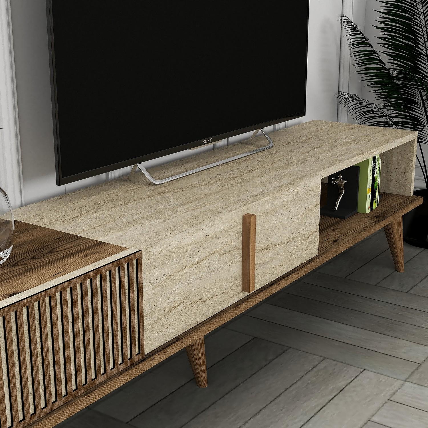 Milan lowboard with wall shelf walnut brown cream 4
