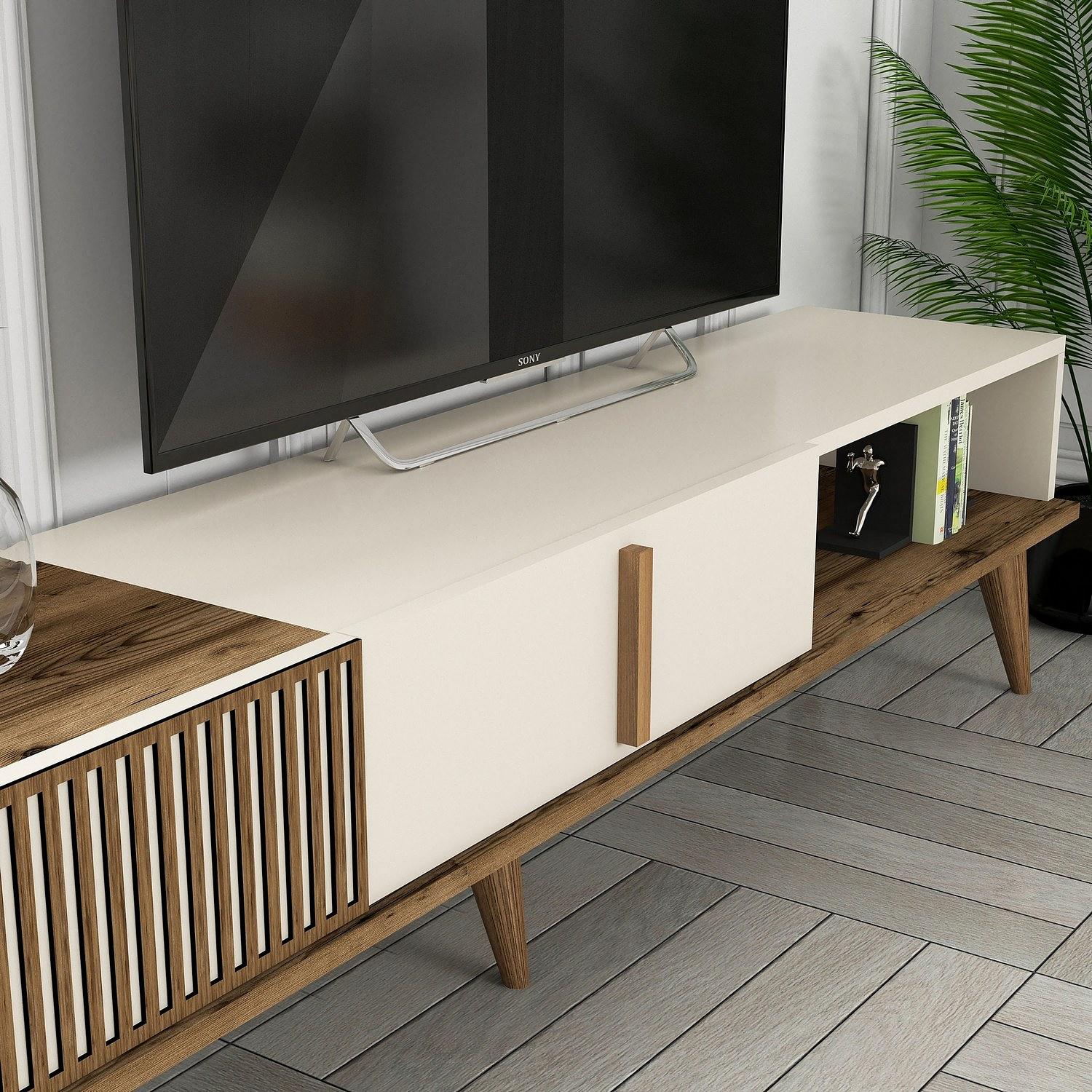 Milan lowboard with wall shelf walnut brown cream 4