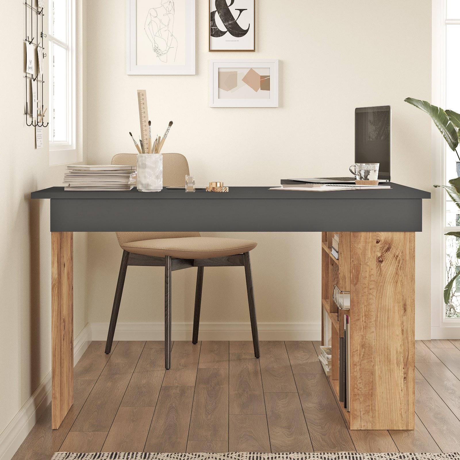 Corner desk with shelf Brown Black 2