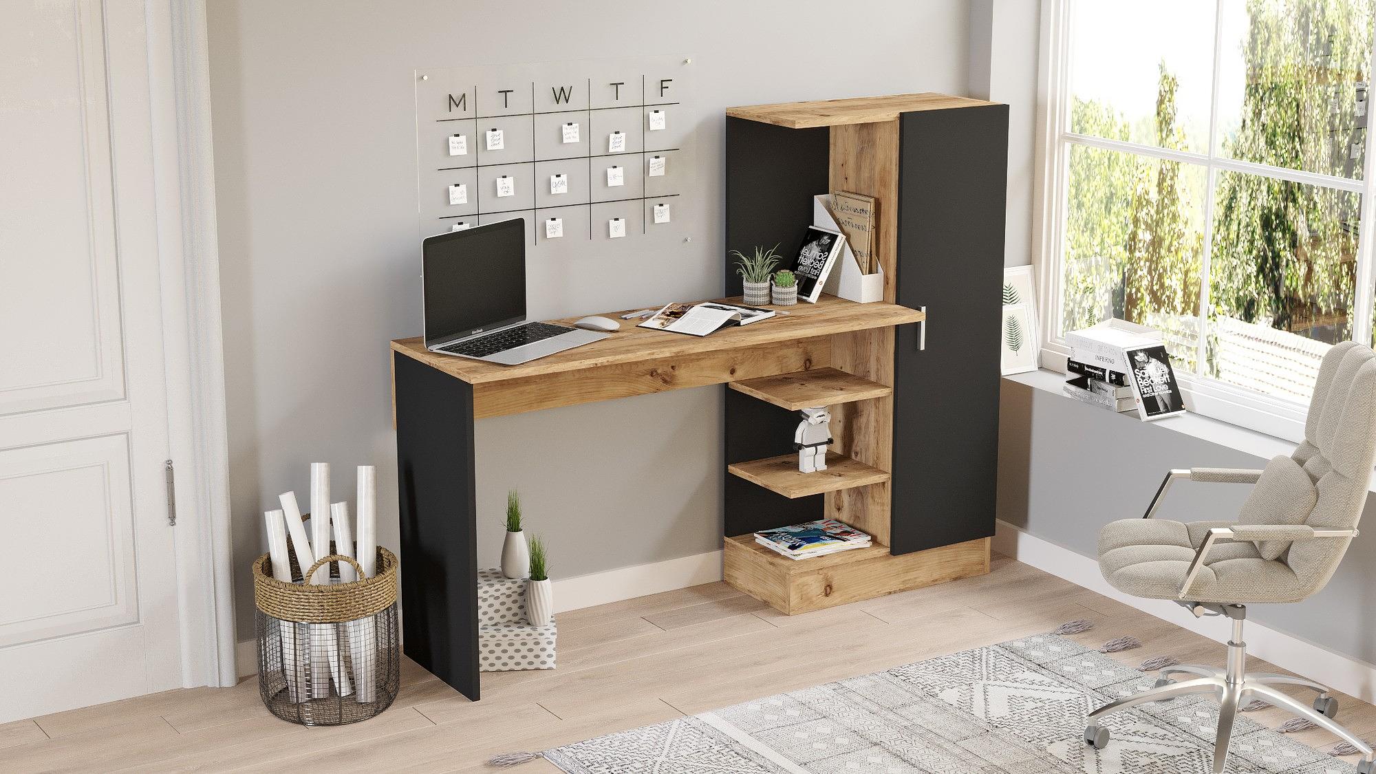 Desk with cabinet Brown Black 2