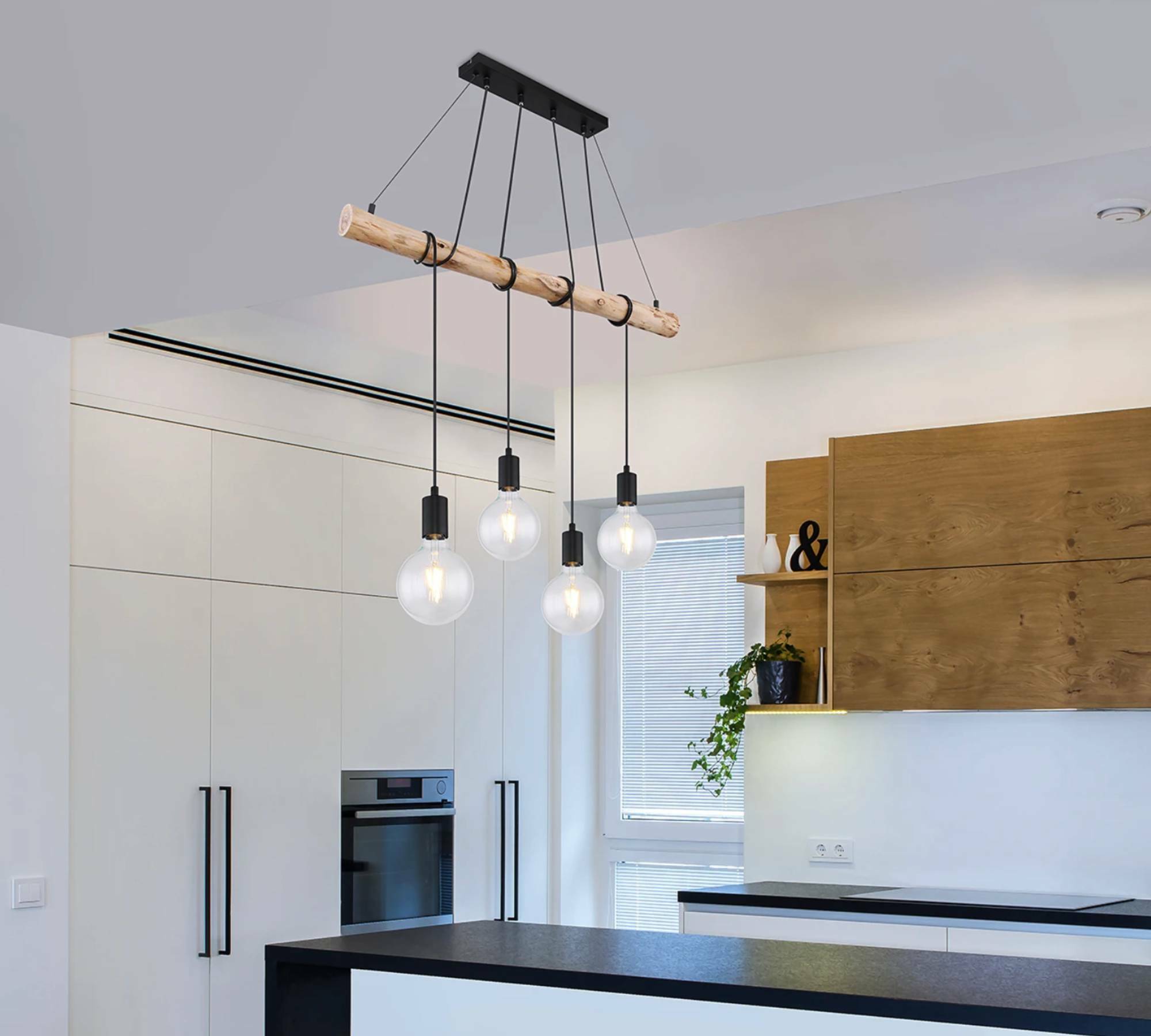 4-Flammige Pendelleuchte Eucalyptus Massivholz Eisen Schwarz 3